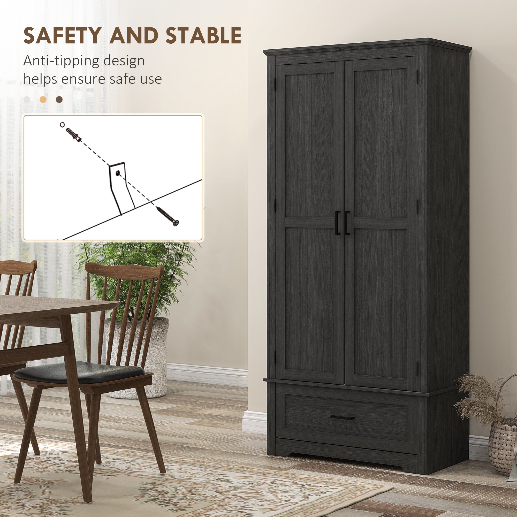 Farmhouse Kitchen Cabinet - 69" Tall, 2 Doors, Drawer, Adjustable Shelves Black Wood-DECOROLALA