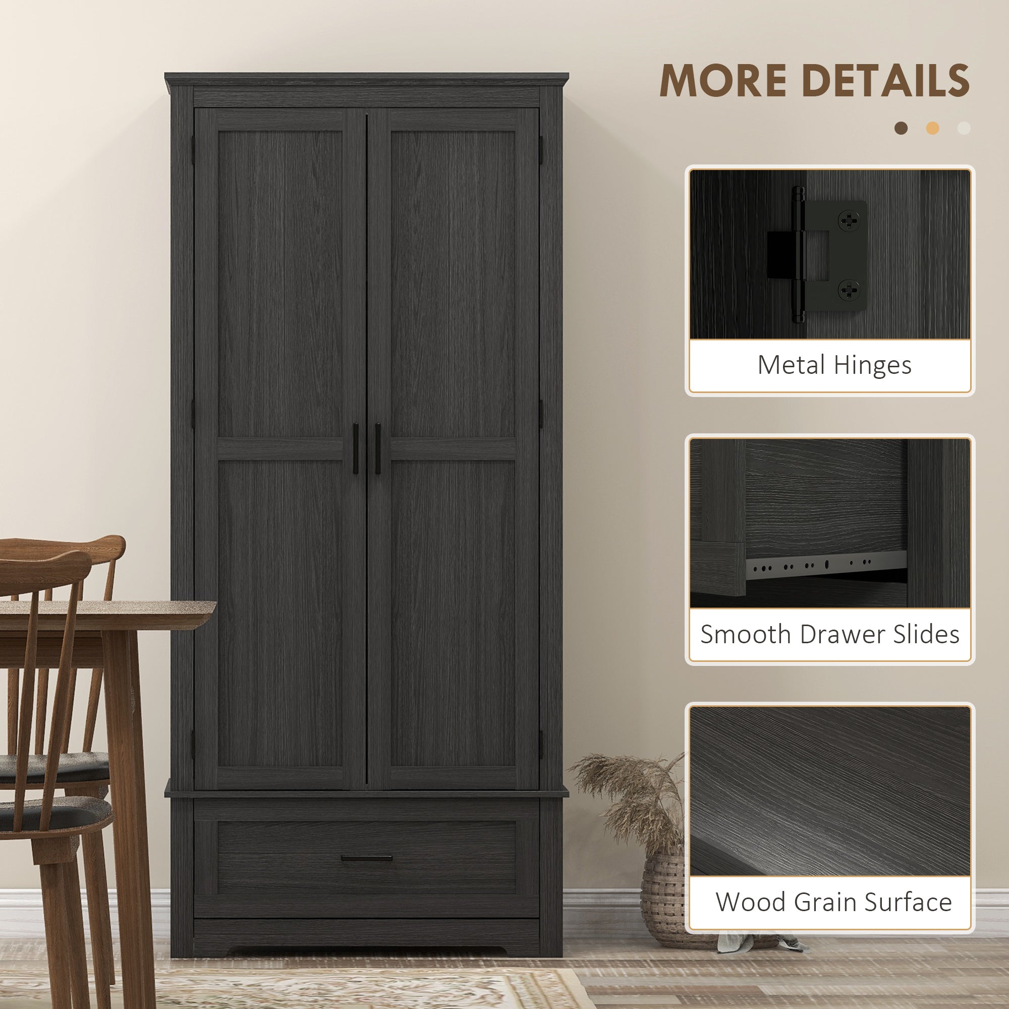 Farmhouse Kitchen Cabinet - 69" Tall, 2 Doors, Drawer, Adjustable Shelves Black Wood-DECOROLALA