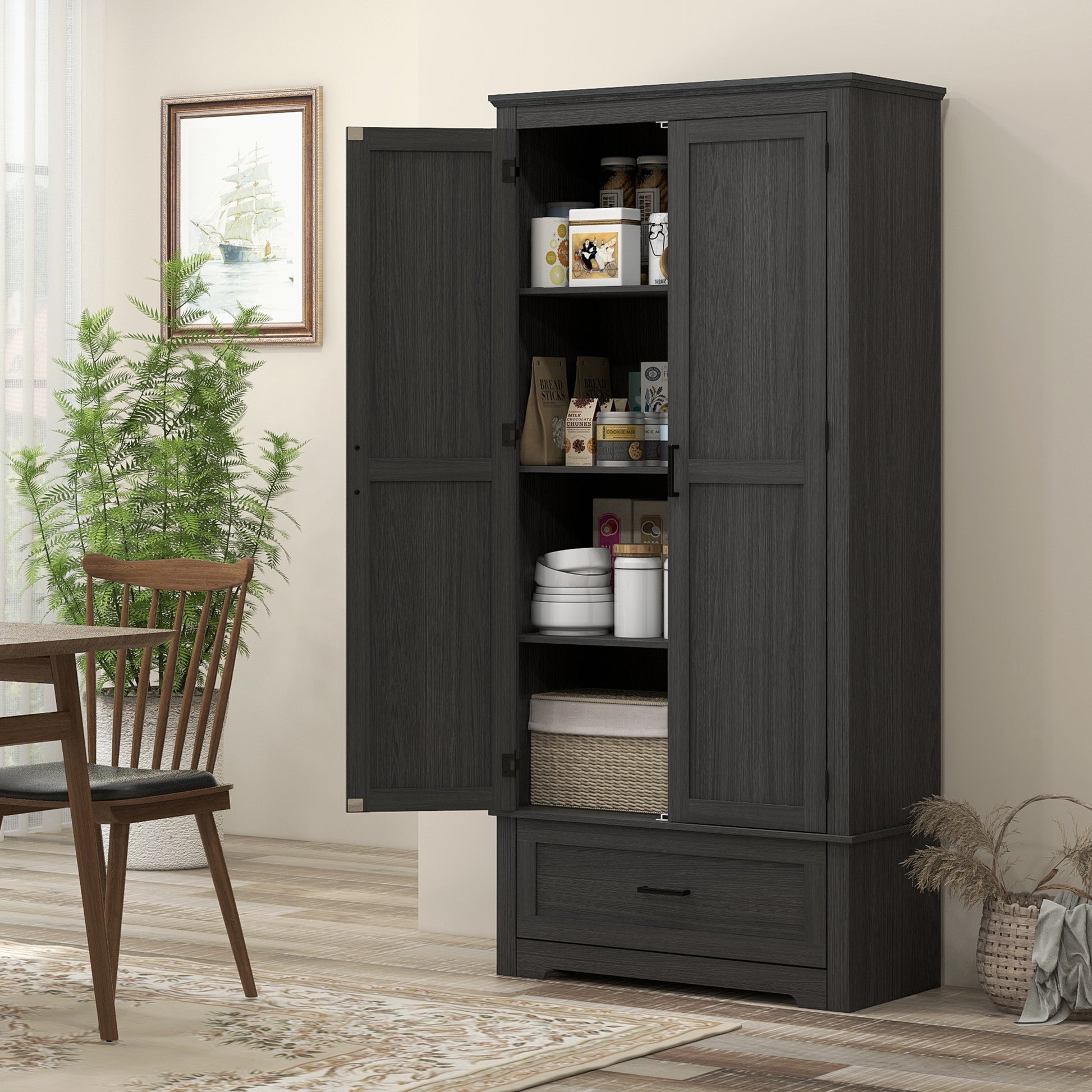 Farmhouse Kitchen Cabinet - 69" Tall, 2 Doors, Drawer, Adjustable Shelves Black Wood-DECOROLALA