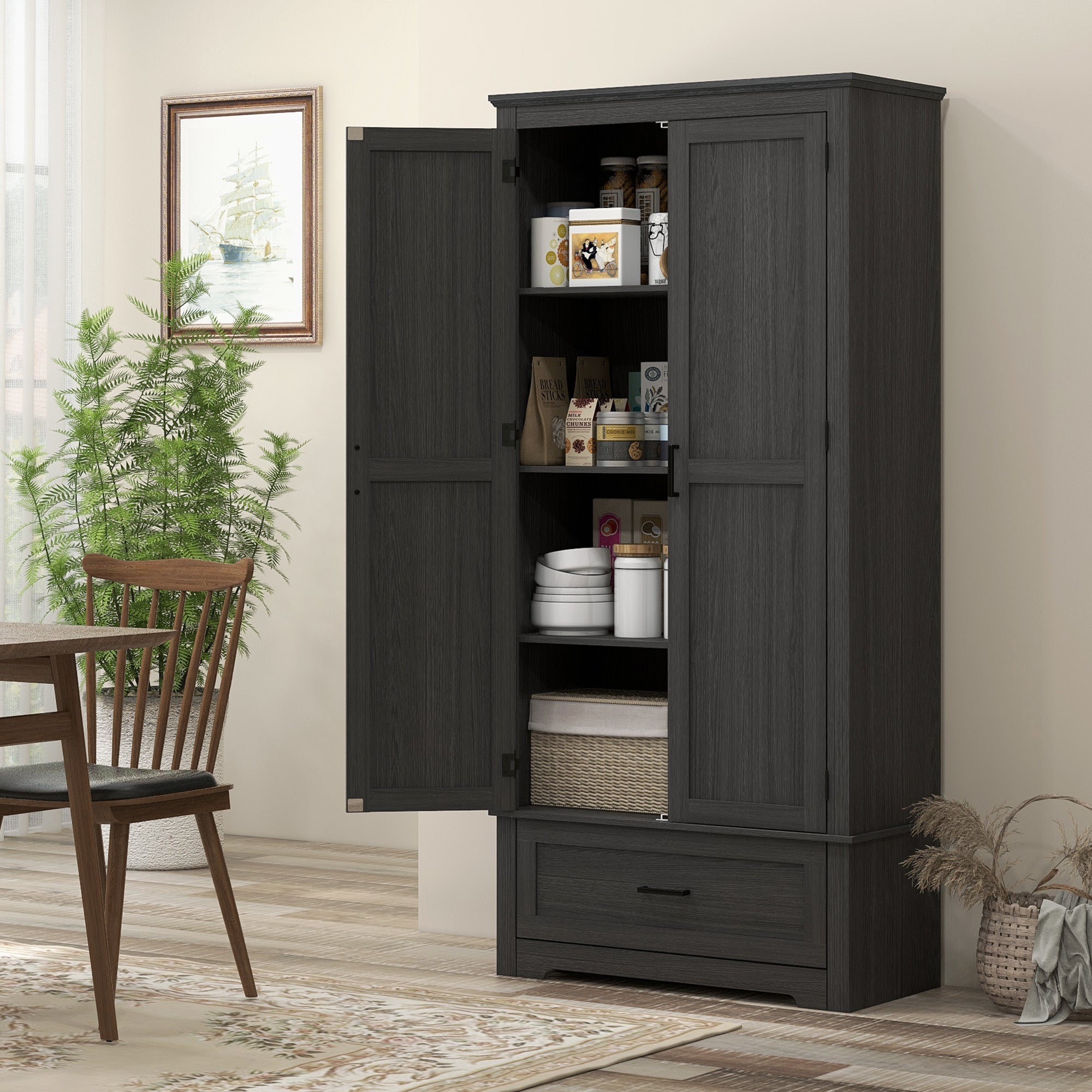 Farmhouse Kitchen Cabinet - 69" Tall, 2 Doors, Drawer, Adjustable Shelves Black Wood-DECOROLALA