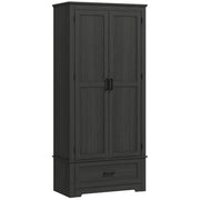 Farmhouse Kitchen Cabinet - 69" Tall, 2 Doors, Drawer, Adjustable Shelves Black Wood-DECOROLALA