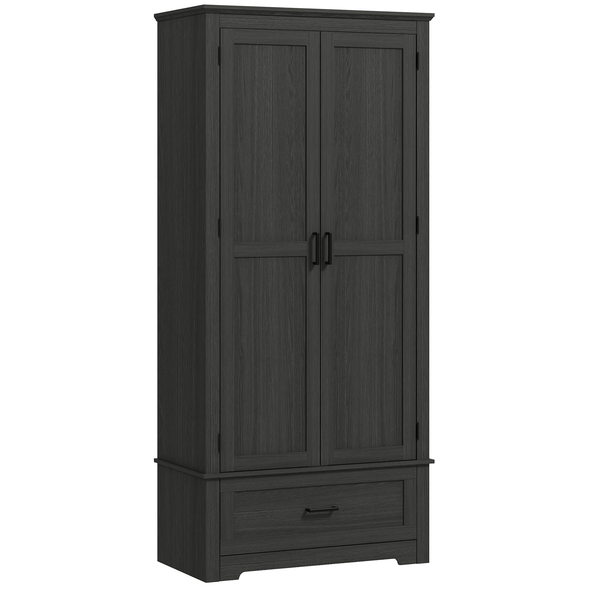 Farmhouse Kitchen Cabinet - 69" Tall, 2 Doors, Drawer, Adjustable Shelves Black Wood-DECOROLALA