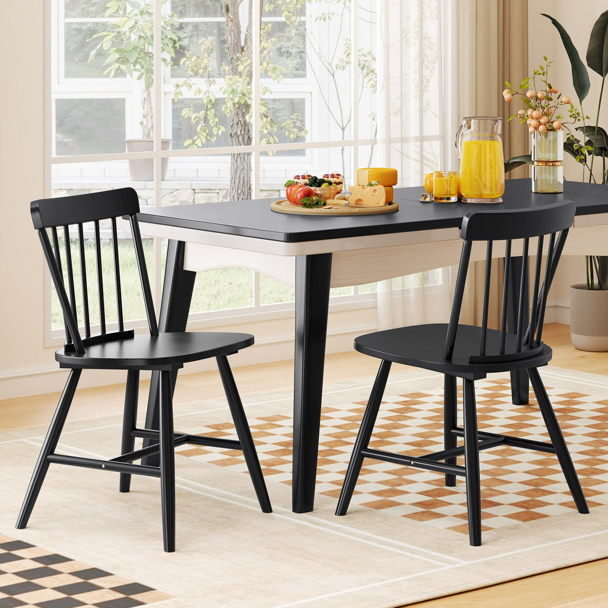 Farmhouse Kitchen Chair Set of 2 with Rubber Wood Frame-Black-Dining Chairs-DECOROLALA