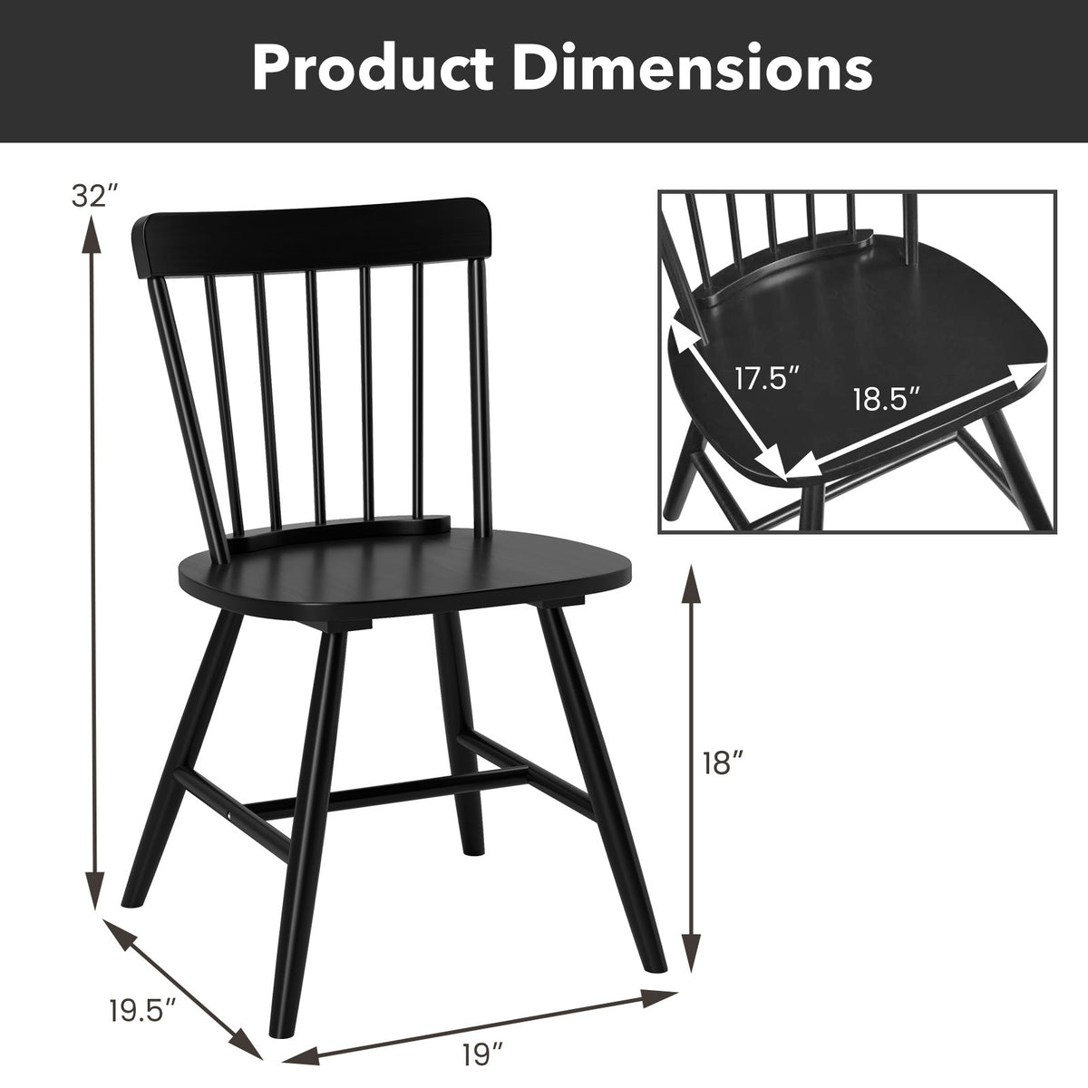 Farmhouse Kitchen Chair Set of 2 with Rubber Wood Frame-Black-Dining Chairs-DECOROLALA