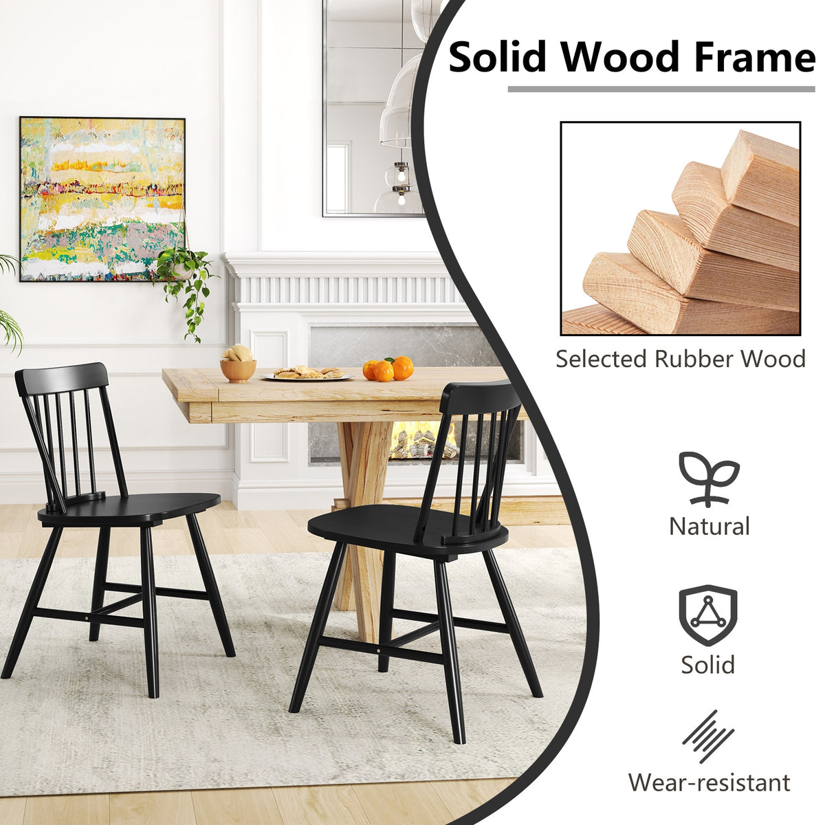 Farmhouse Kitchen Chair Set of 2 with Rubber Wood Frame-Black-Dining Chairs-DECOROLALA