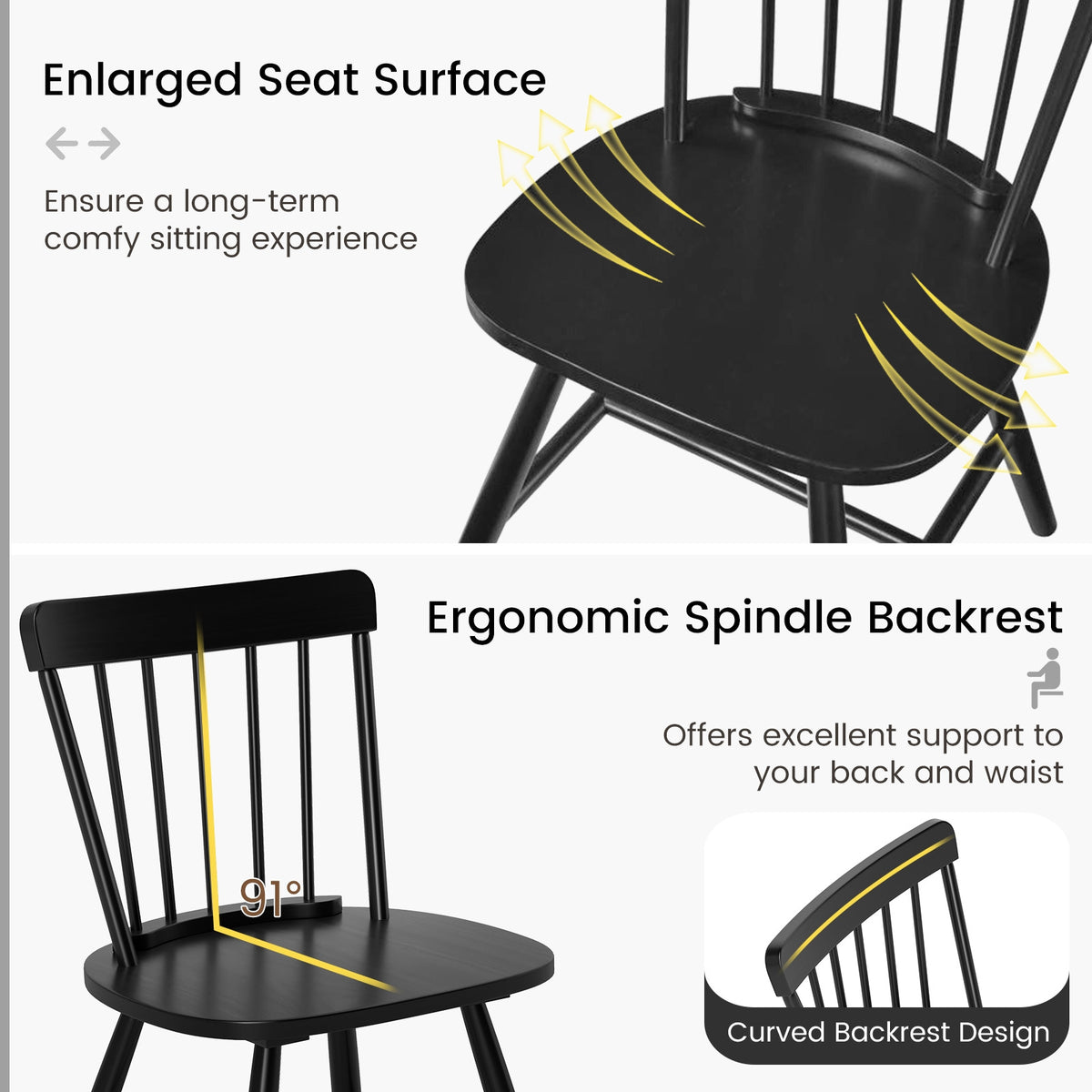 Farmhouse Kitchen Chair Set of 2 with Rubber Wood Frame-Black-Dining Chairs-DECOROLALA