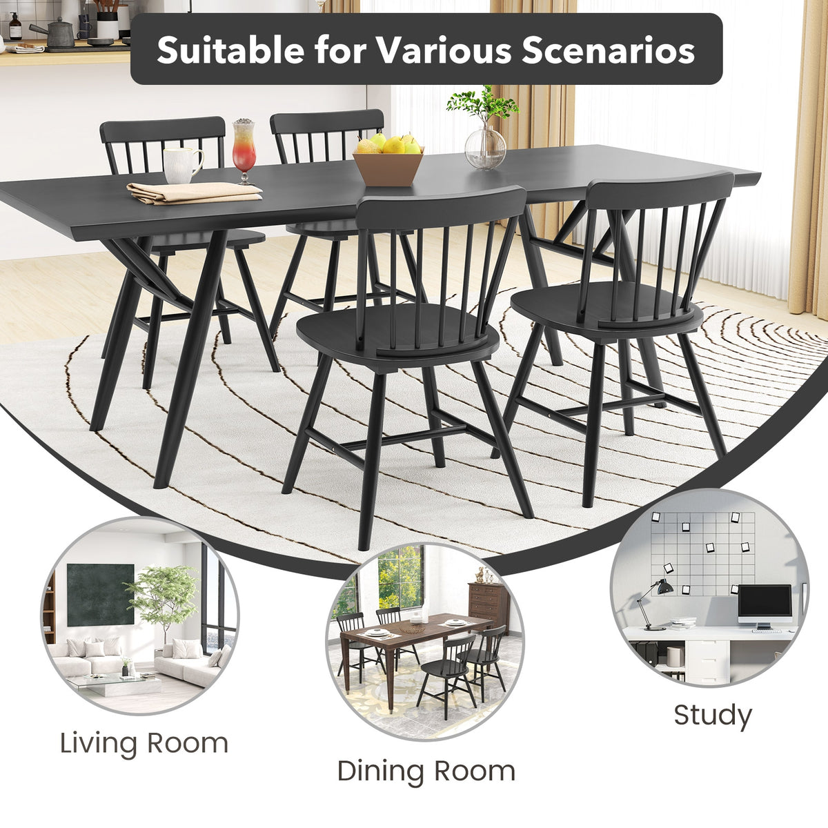 Farmhouse Kitchen Chair Set of 2 with Rubber Wood Frame-Black-Dining Chairs-DECOROLALA