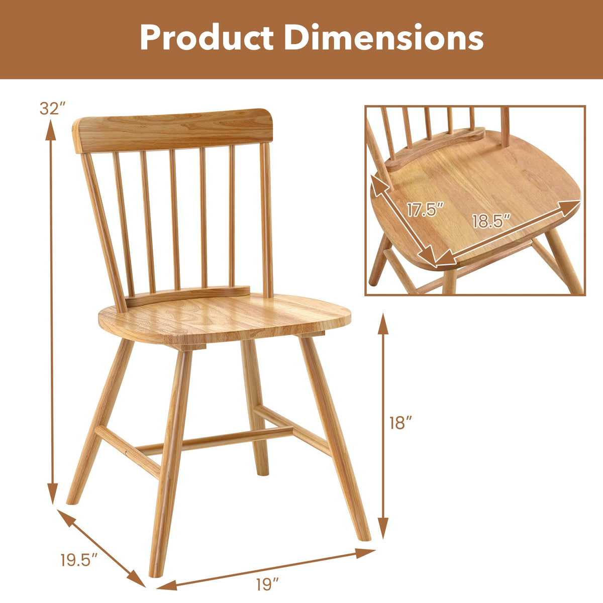 Farmhouse Kitchen Chair Set of 2 with Rubber Wood Frame-Natural-Dining Chairs-DECOROLALA