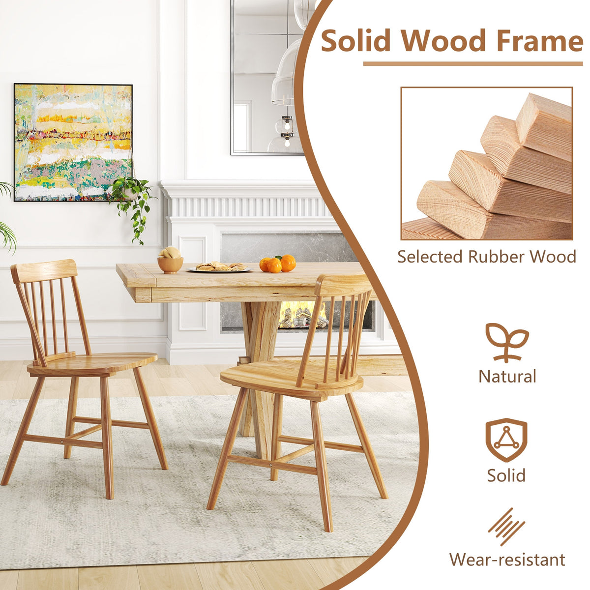 Farmhouse Kitchen Chair Set of 2 with Rubber Wood Frame-Natural-Dining Chairs-DECOROLALA