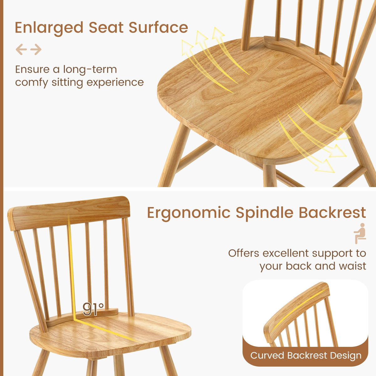 Farmhouse Kitchen Chair Set of 2 with Rubber Wood Frame-Natural-Dining Chairs-DECOROLALA