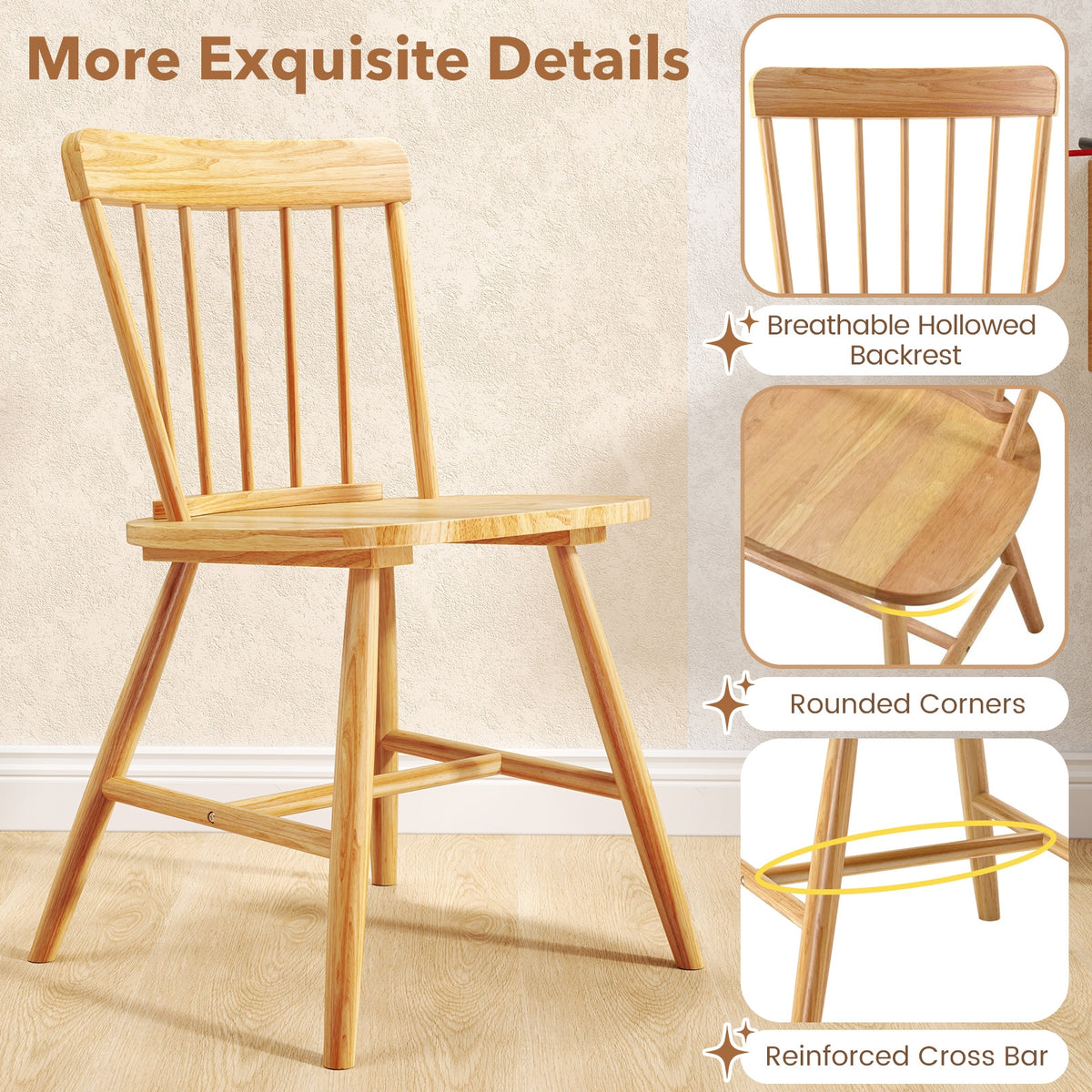 Farmhouse Kitchen Chair Set of 2 with Rubber Wood Frame-Natural-Dining Chairs-DECOROLALA