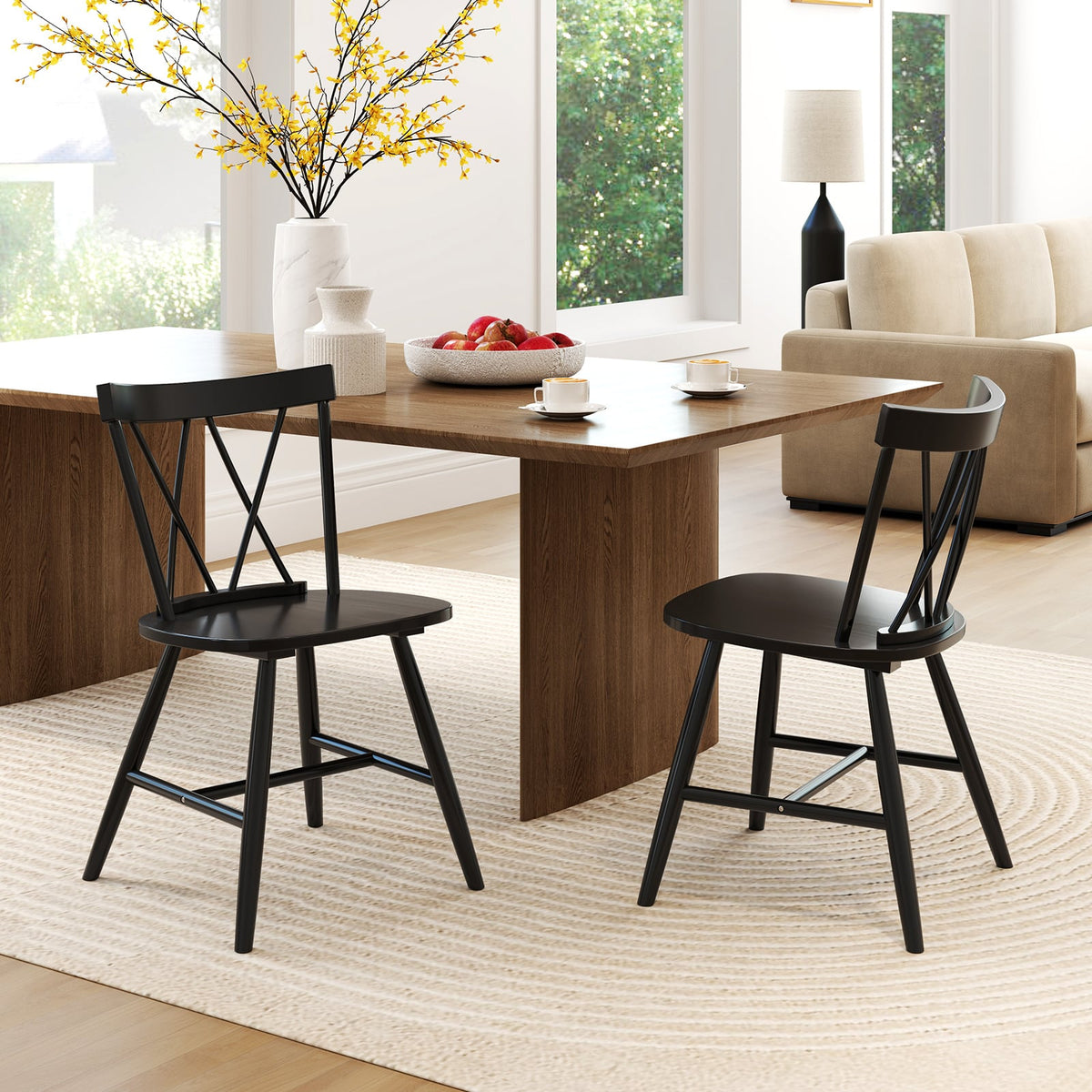 Farmhouse Kitchen Dining Chair Set of 2 with Rubber Wood Frame-Black-Dining Chairs-DECOROLALA