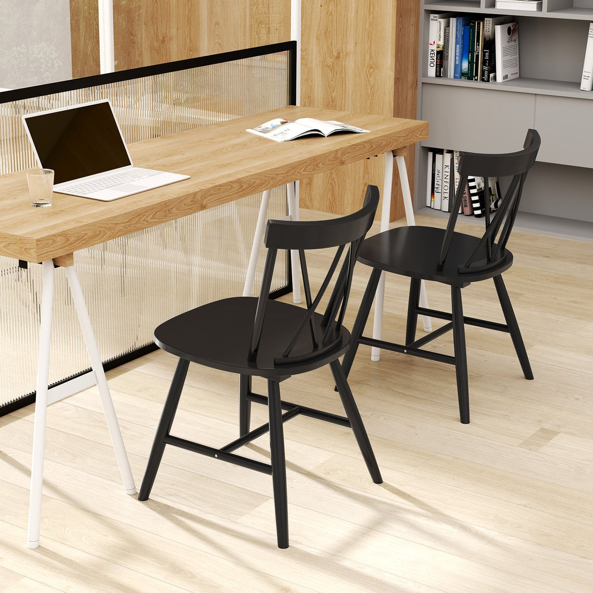 Farmhouse Kitchen Dining Chair Set of 2 with Rubber Wood Frame-Black-Dining Chairs-DECOROLALA