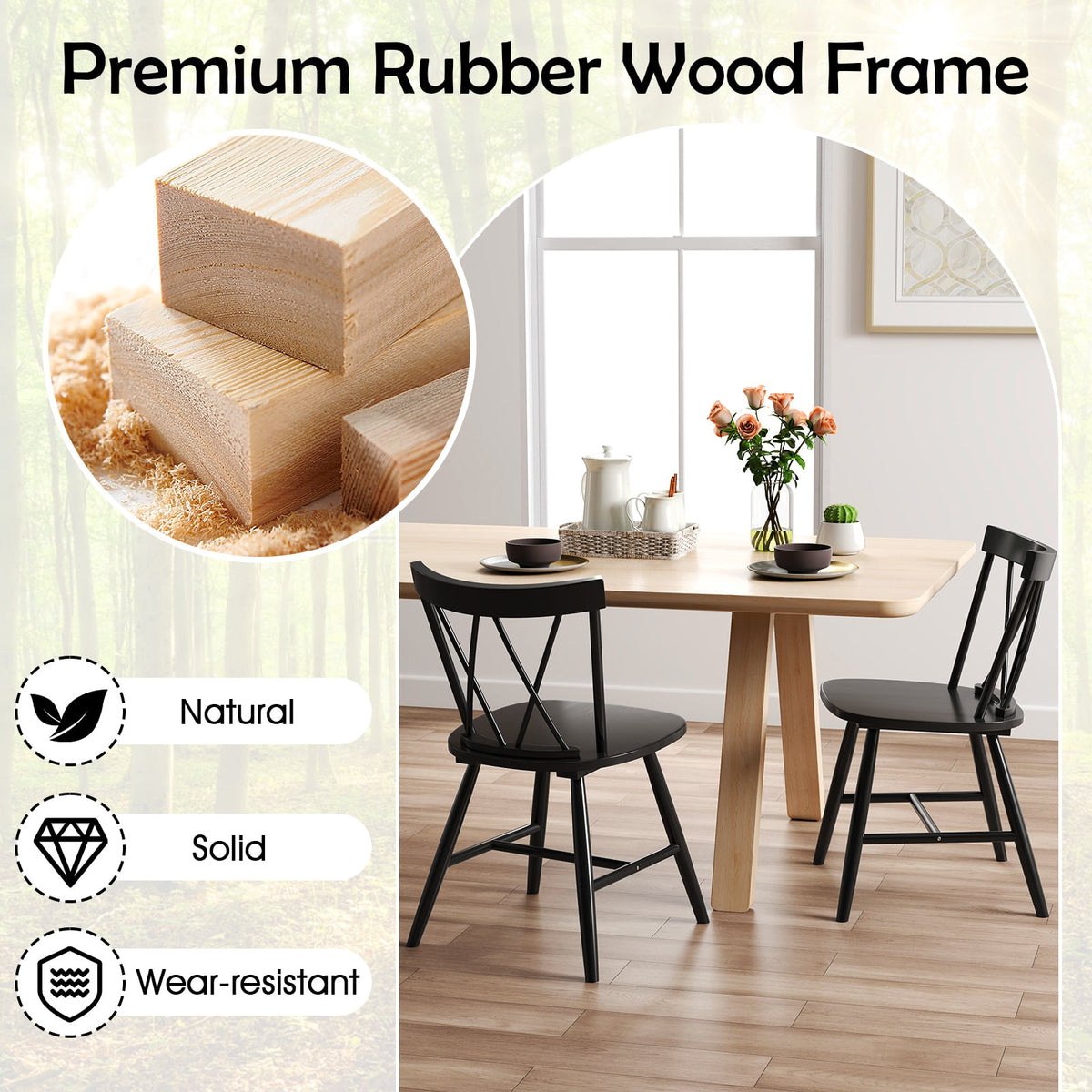 Farmhouse Kitchen Dining Chair Set of 2 with Rubber Wood Frame-Black-Dining Chairs-DECOROLALA