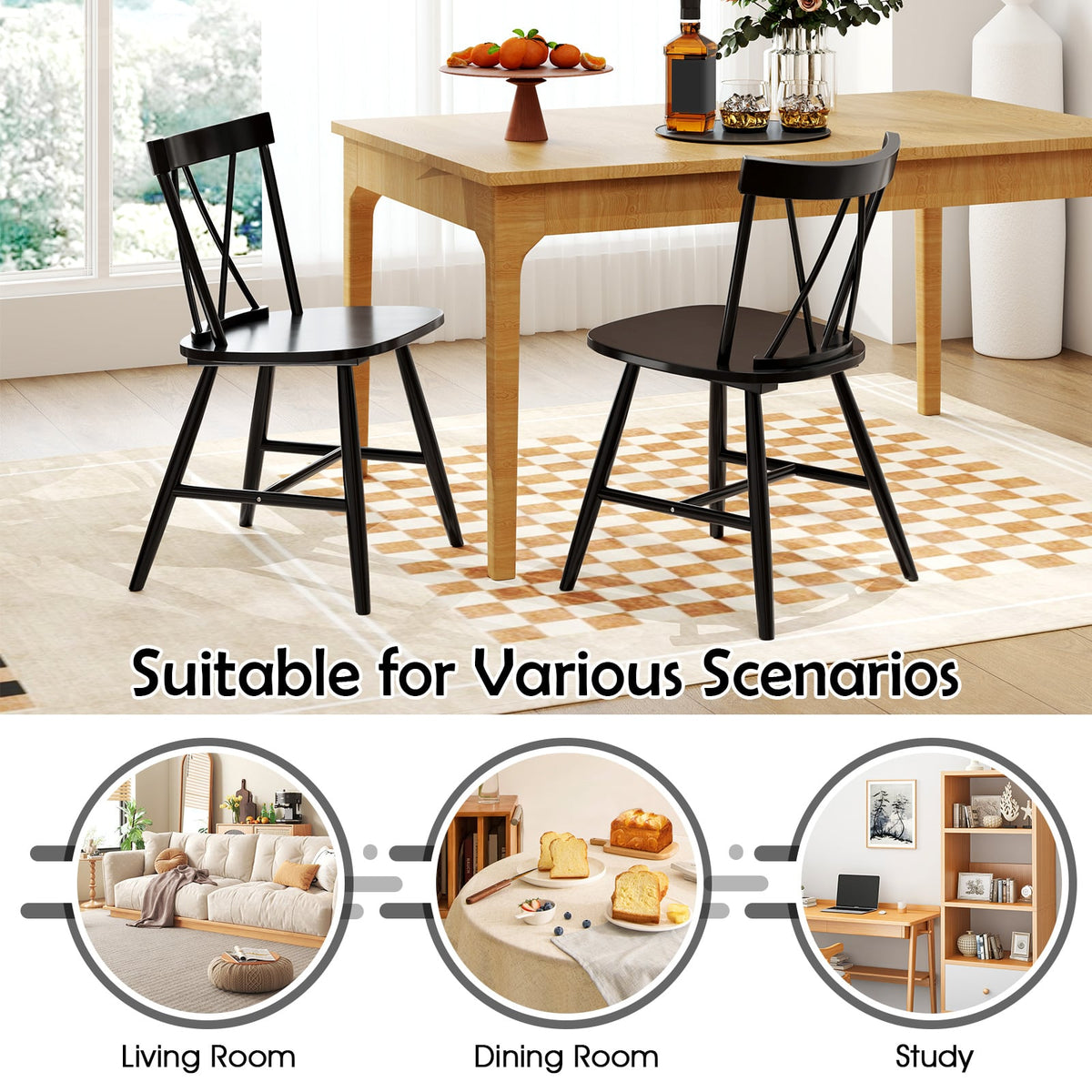Farmhouse Kitchen Dining Chair Set of 2 with Rubber Wood Frame-Black-Dining Chairs-DECOROLALA