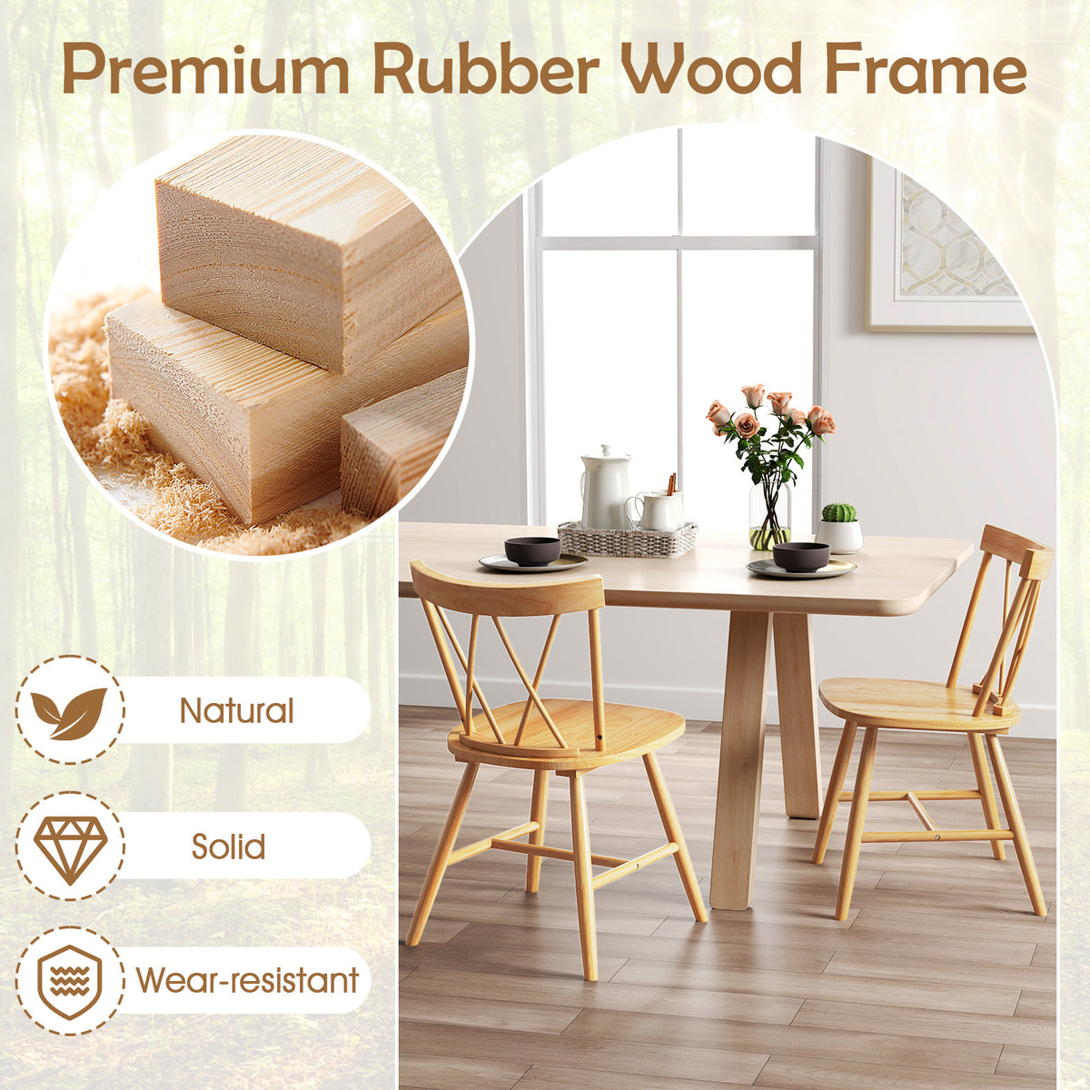 Farmhouse Kitchen Dining Chair Set of 2 with Rubber Wood Frame-Natural-Dining Chairs-DECOROLALA