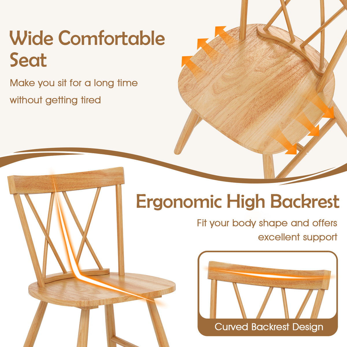 Farmhouse Kitchen Dining Chair Set of 2 with Rubber Wood Frame-Natural-Dining Chairs-DECOROLALA
