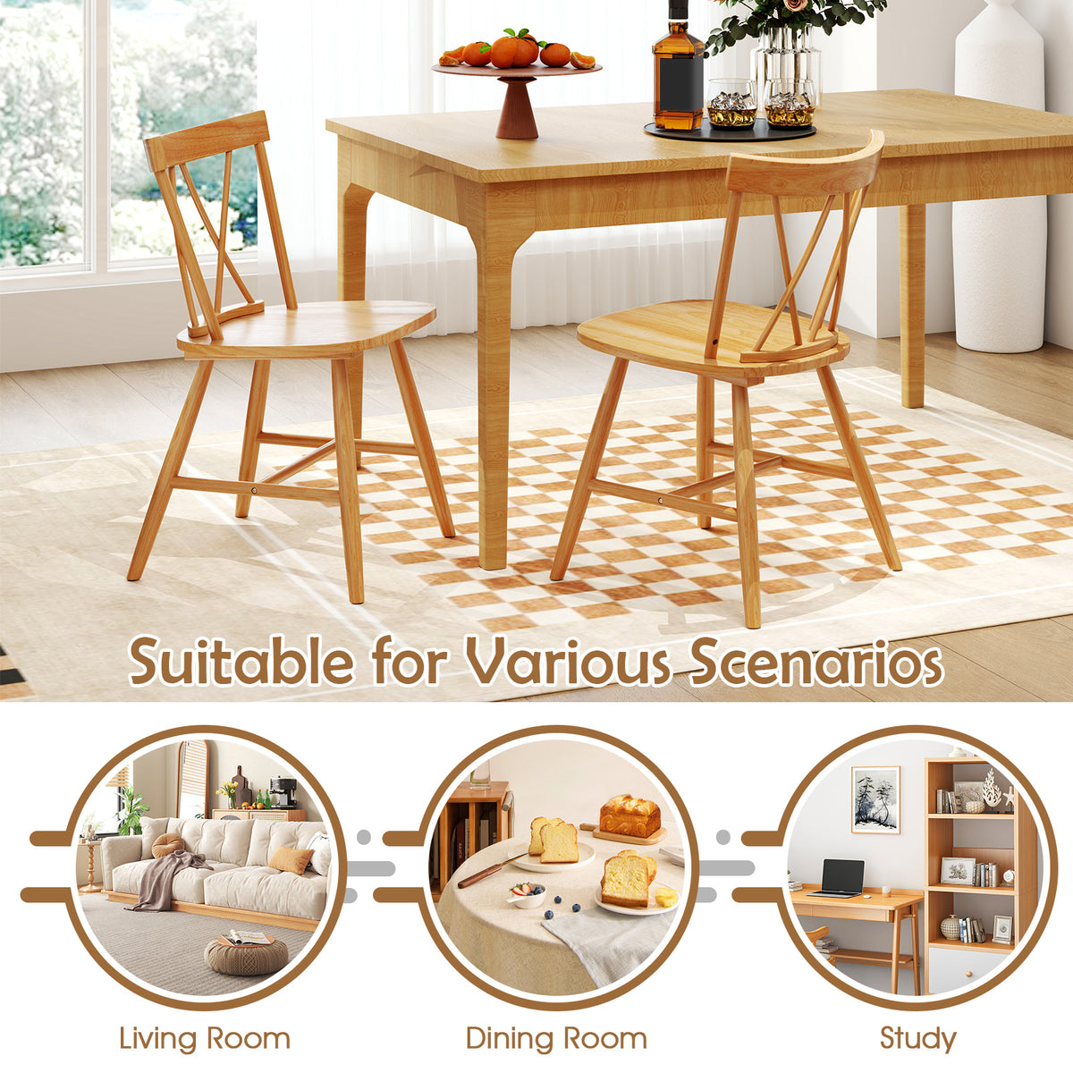 Farmhouse Kitchen Dining Chair Set of 2 with Rubber Wood Frame-Natural-Dining Chairs-DECOROLALA