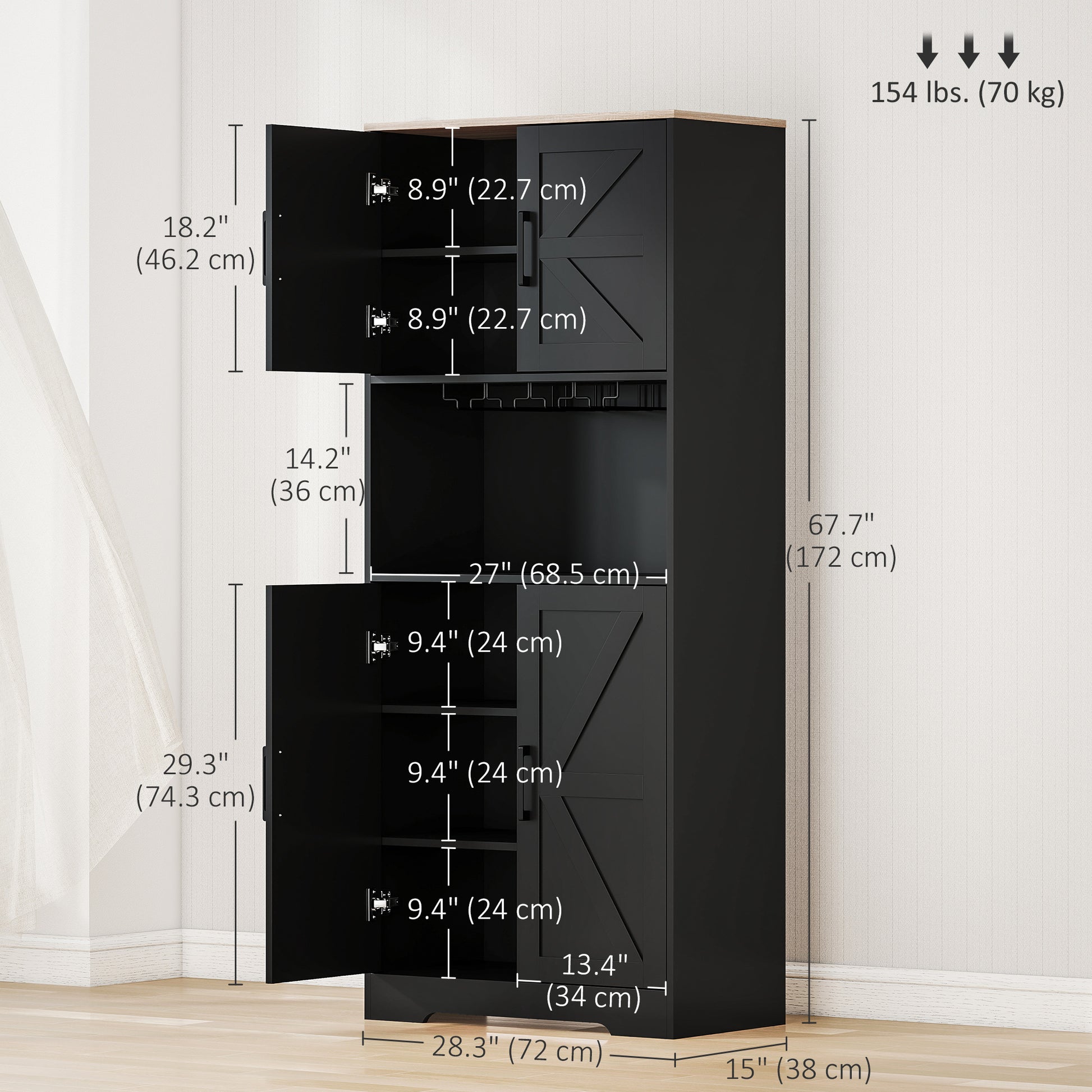 Farmhouse Kitchen Pantry, 68" Freestanding Hutch - Black Storage Cabinet-DECOROLALA
