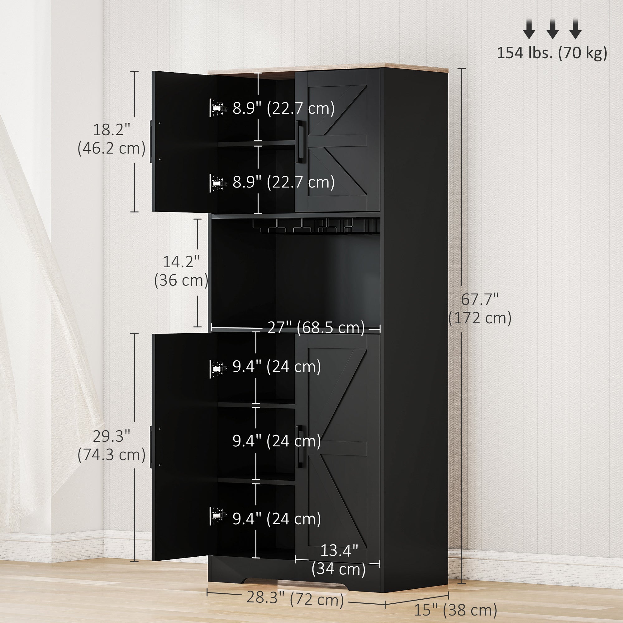 Farmhouse Kitchen Pantry, 68" Freestanding Hutch - Black Storage Cabinet-DECOROLALA