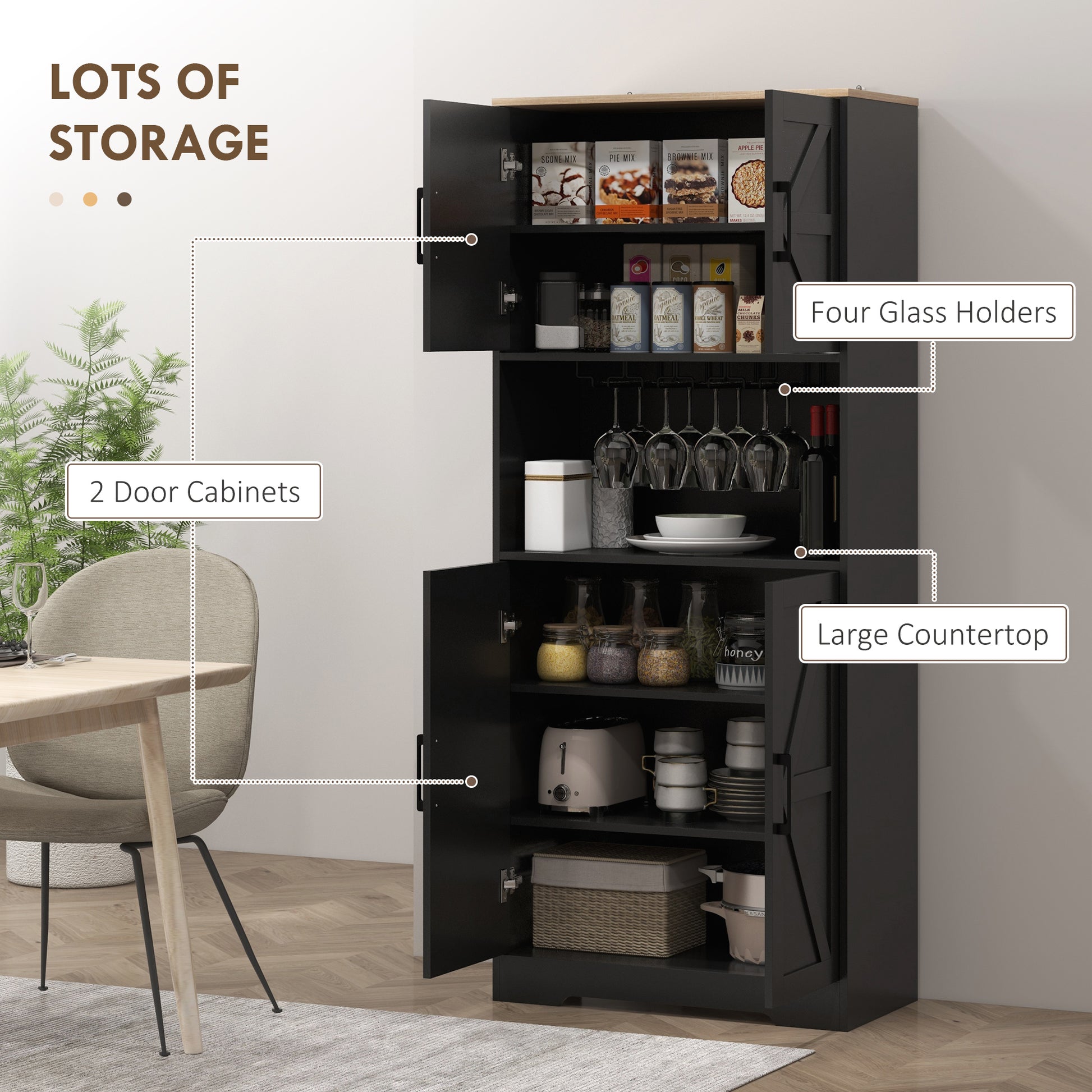 Farmhouse Kitchen Pantry, 68" Freestanding Hutch - Black Storage Cabinet-DECOROLALA
