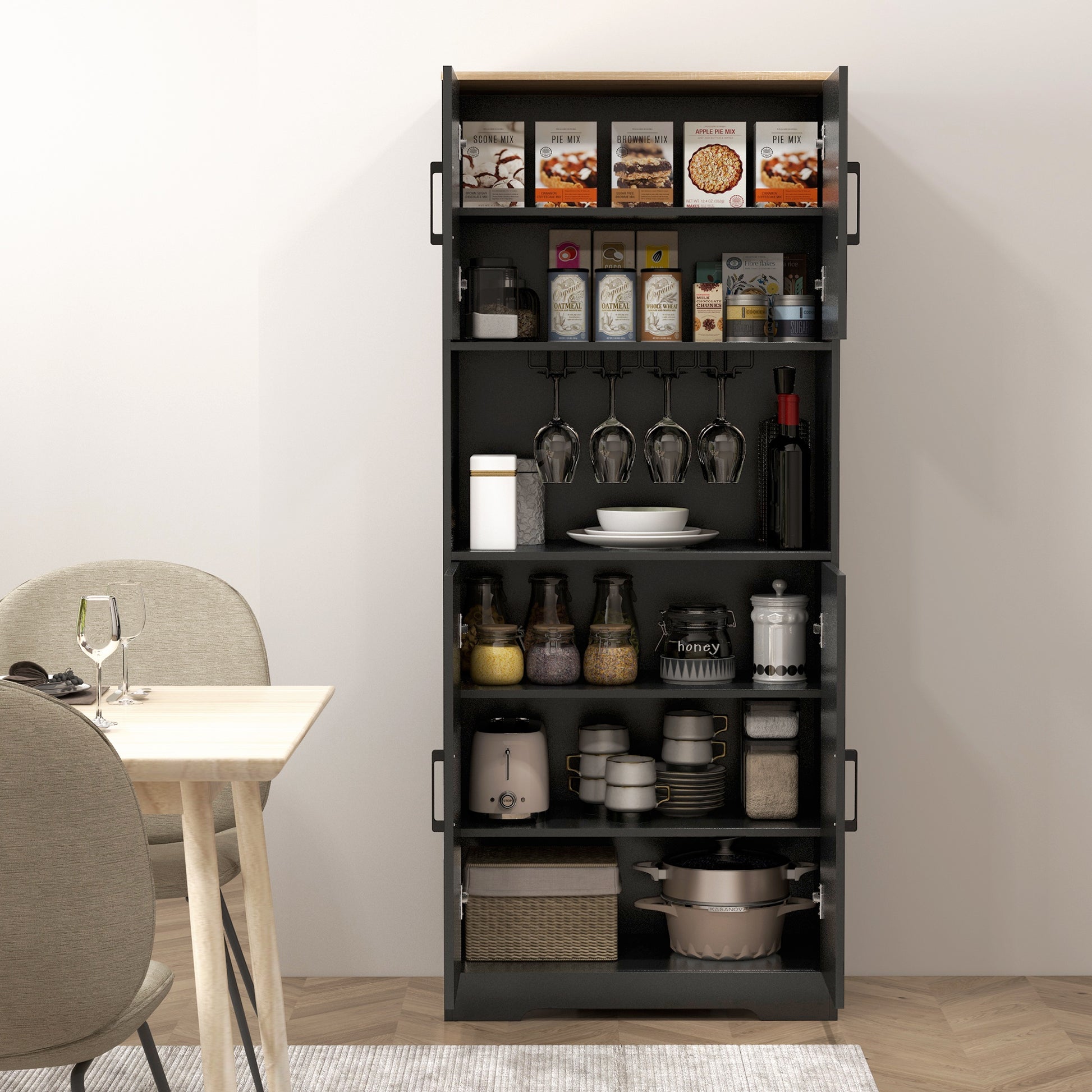 Farmhouse Kitchen Pantry, 68" Freestanding Hutch - Black Storage Cabinet-DECOROLALA