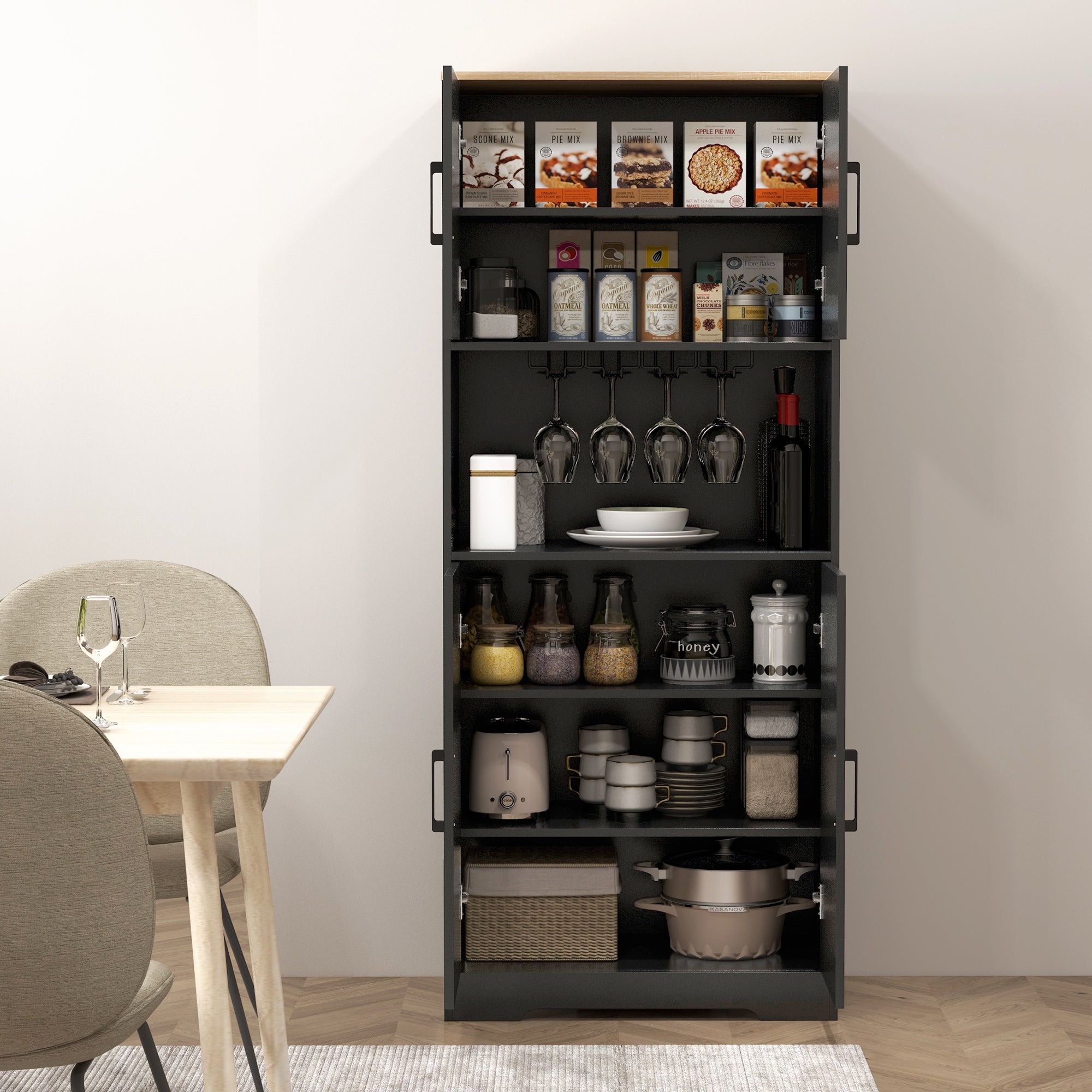 Farmhouse Kitchen Pantry, 68" Freestanding Hutch - Black Storage Cabinet-DECOROLALA