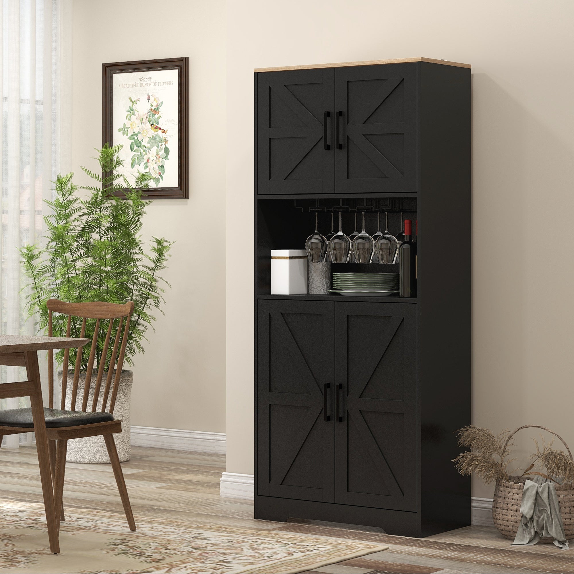 Farmhouse Kitchen Pantry, 68" Freestanding Hutch - Black Storage Cabinet-DECOROLALA