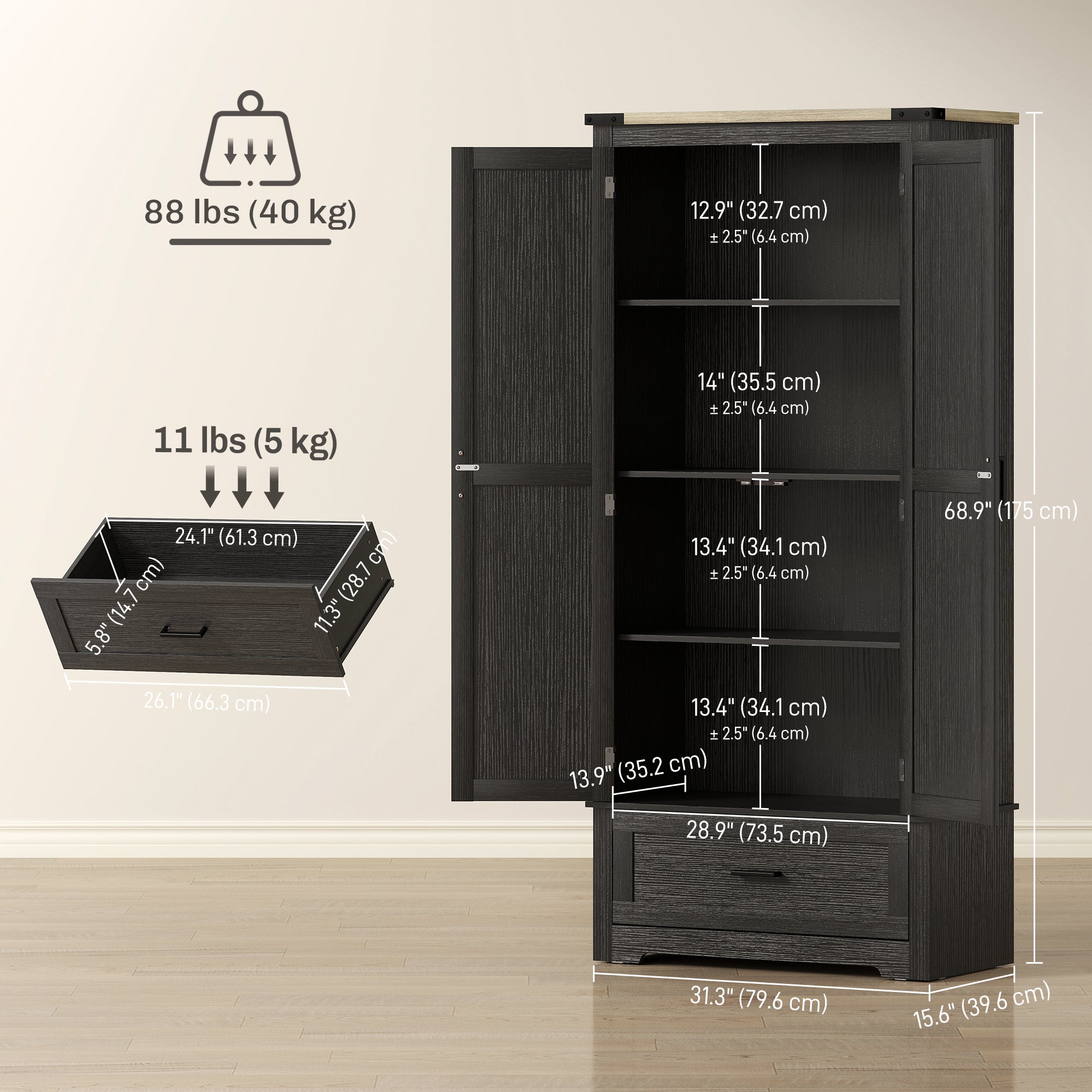 Farmhouse Kitchen Pantry Cabinet - 69" Black Brown-DECOROLALA