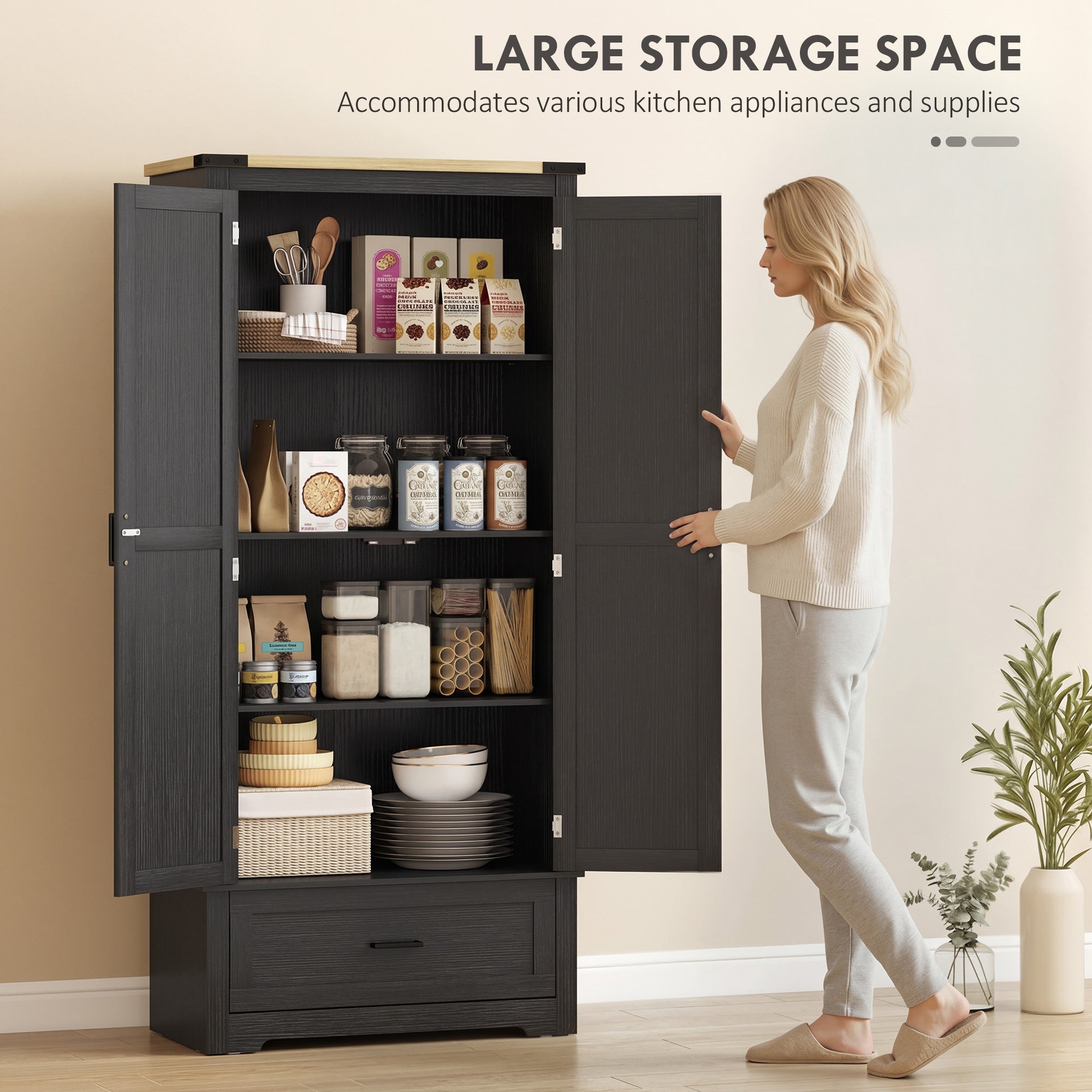 Farmhouse Kitchen Pantry Cabinet - 69" Black Brown-DECOROLALA