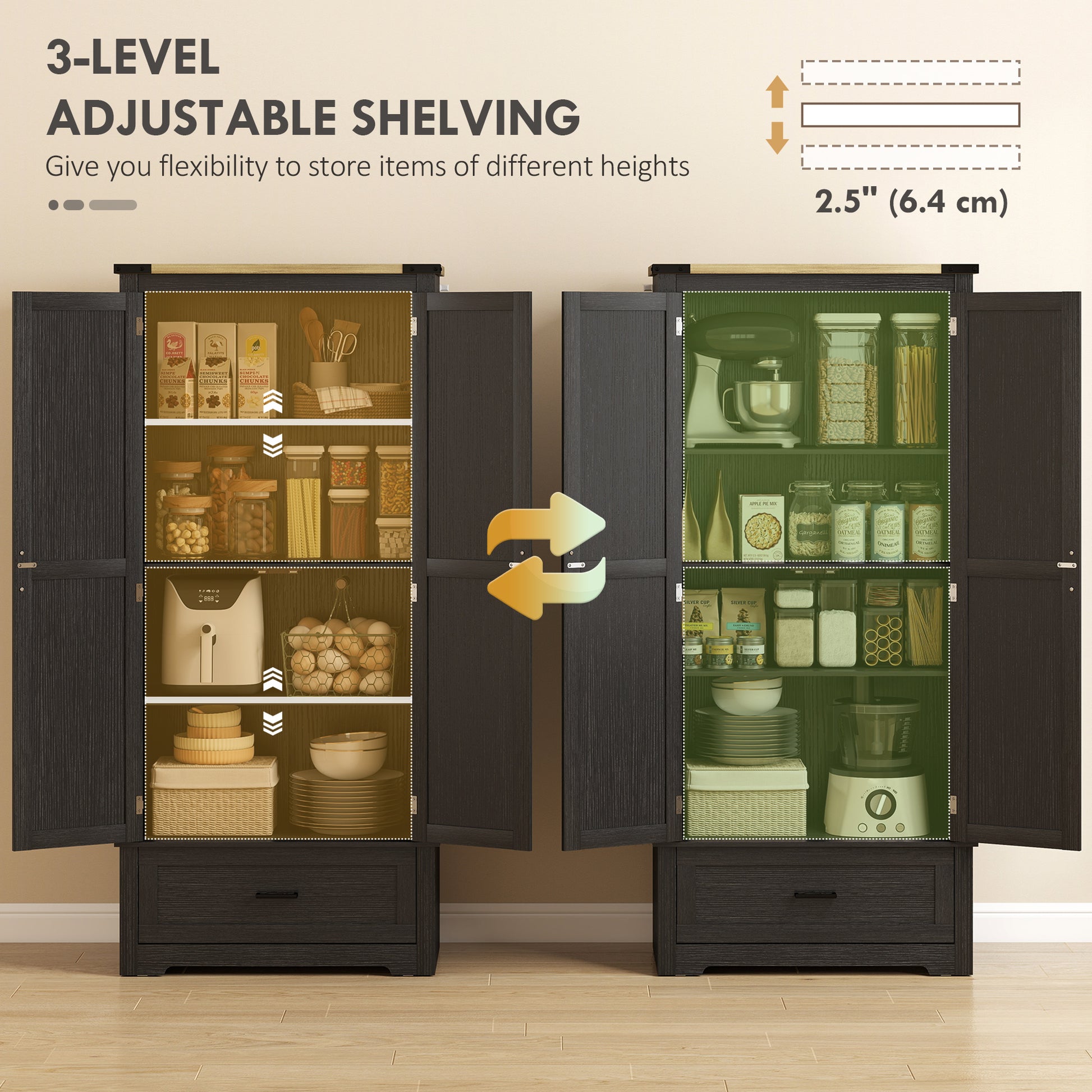 Farmhouse Kitchen Pantry Cabinet - 69" Black Brown-DECOROLALA