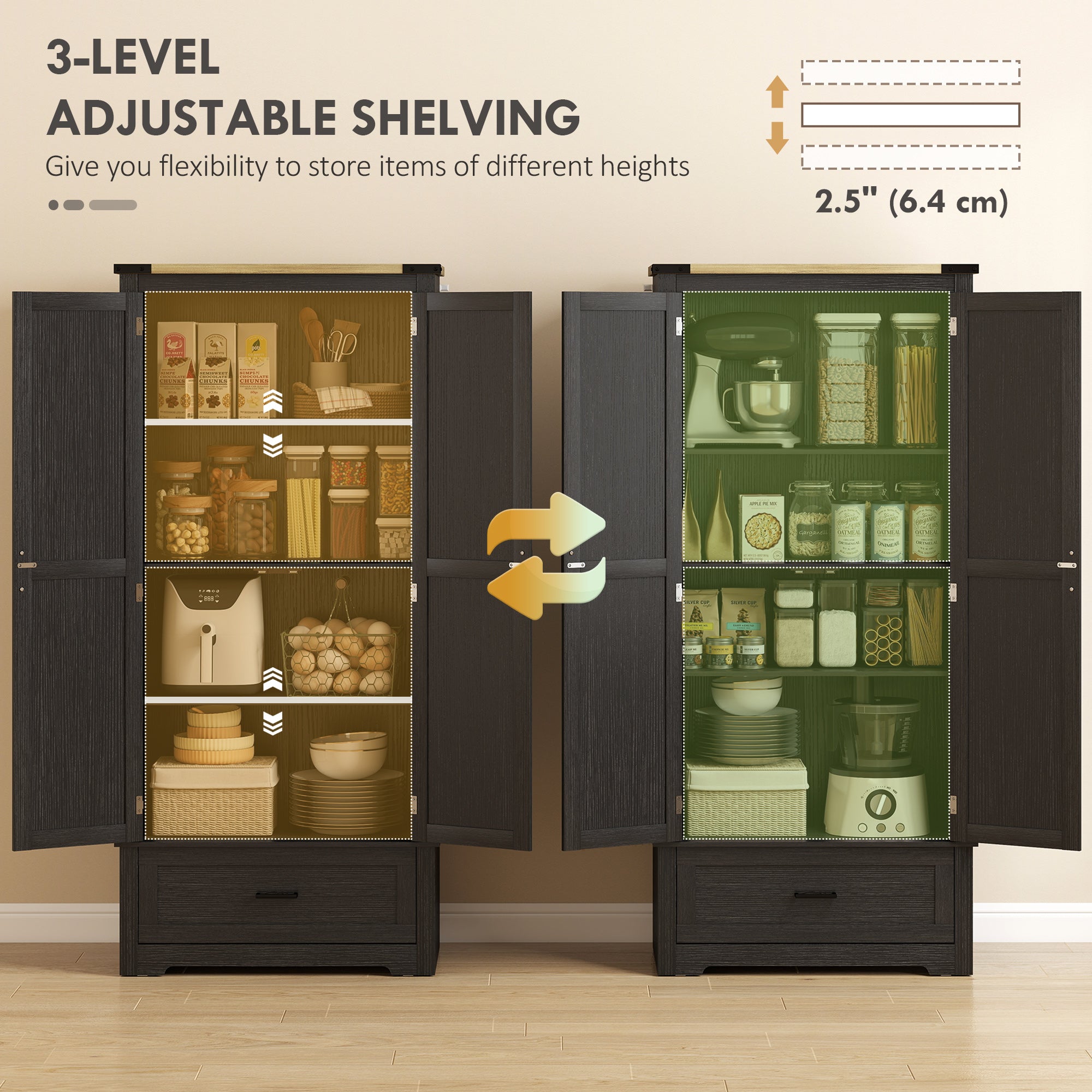 Farmhouse Kitchen Pantry Cabinet - 69" Black Brown-DECOROLALA