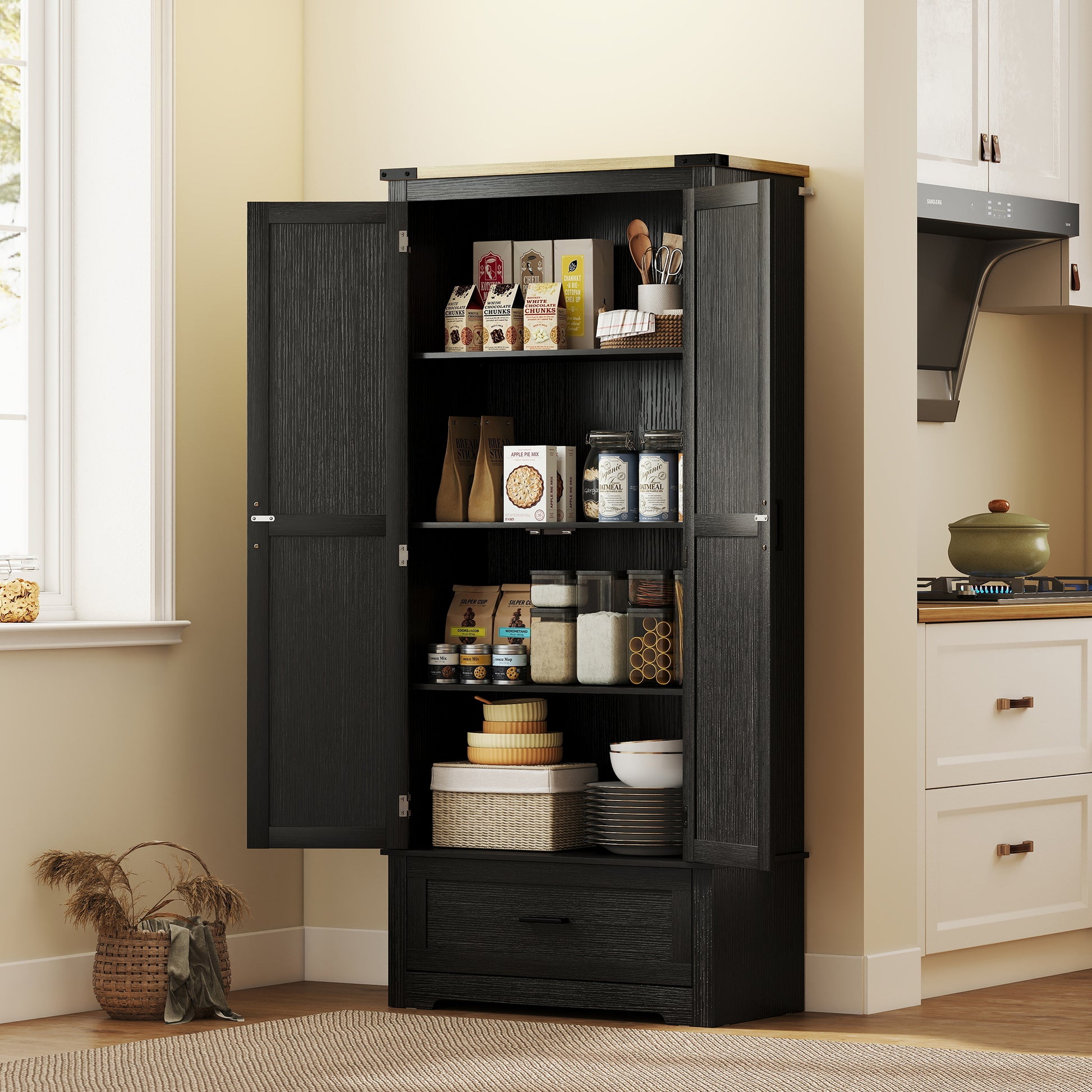 Farmhouse Kitchen Pantry Cabinet - 69" Black Brown-DECOROLALA