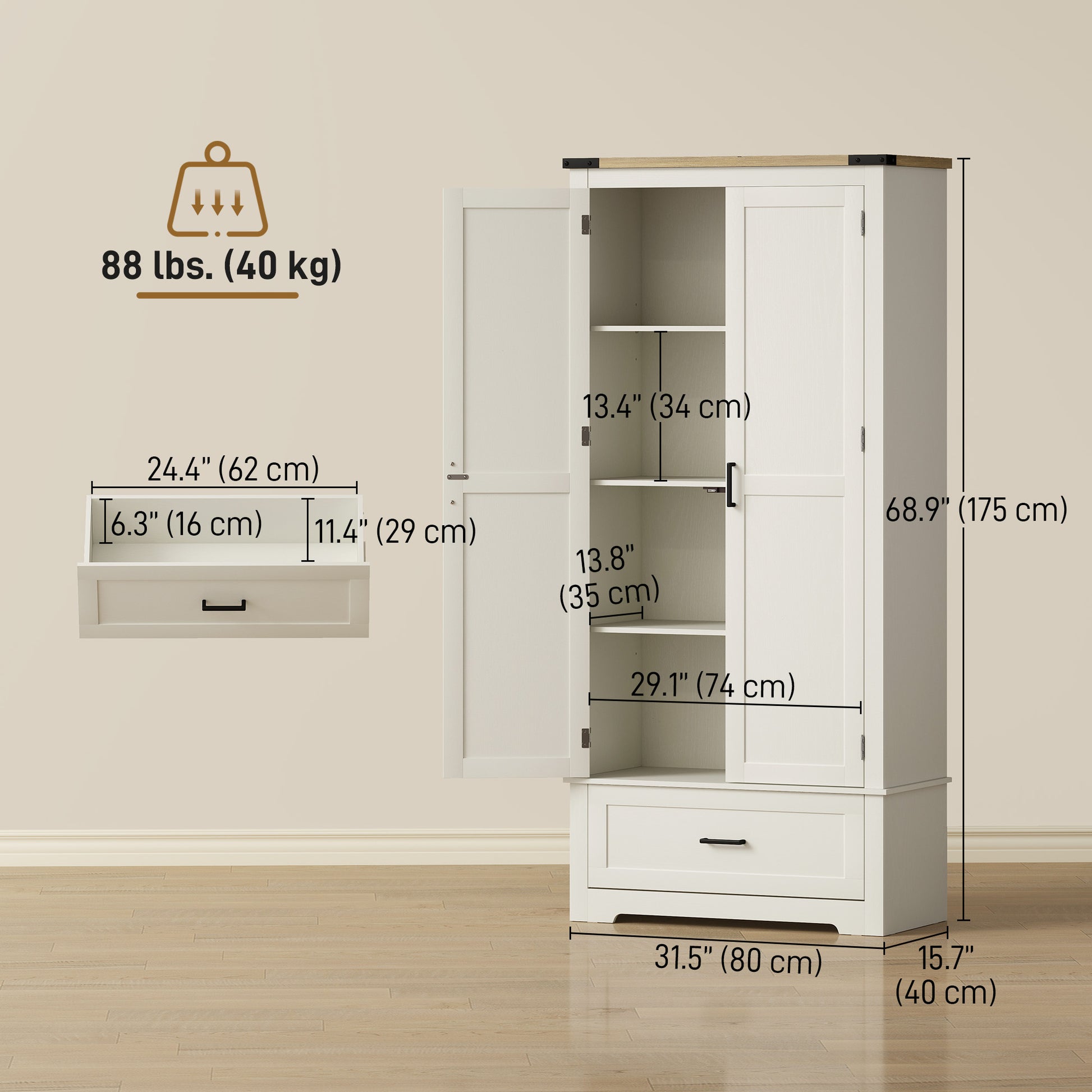 Farmhouse Kitchen Pantry Cabinet 69" Cream White-DECOROLALA