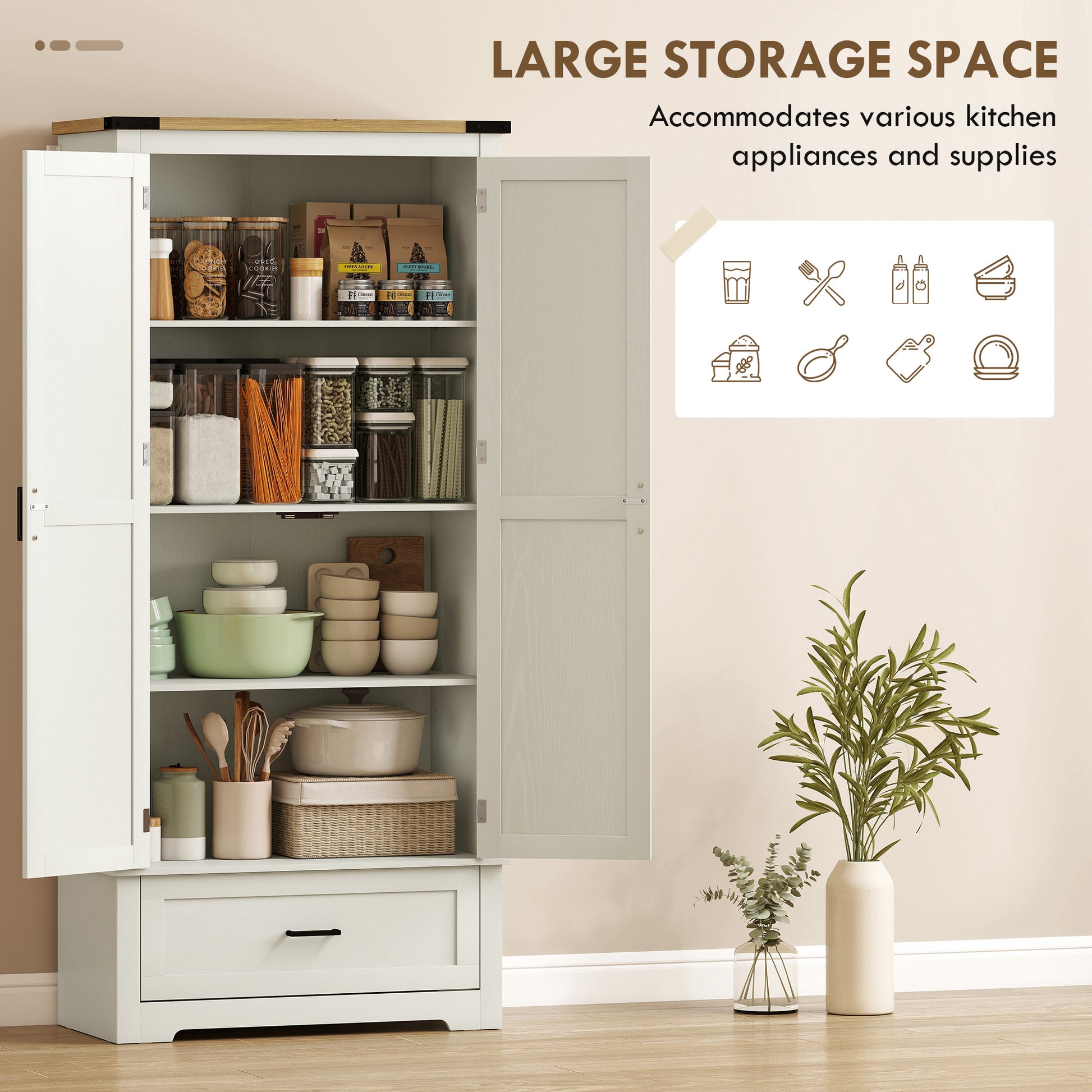 Farmhouse Kitchen Pantry Cabinet 69" Cream White-DECOROLALA