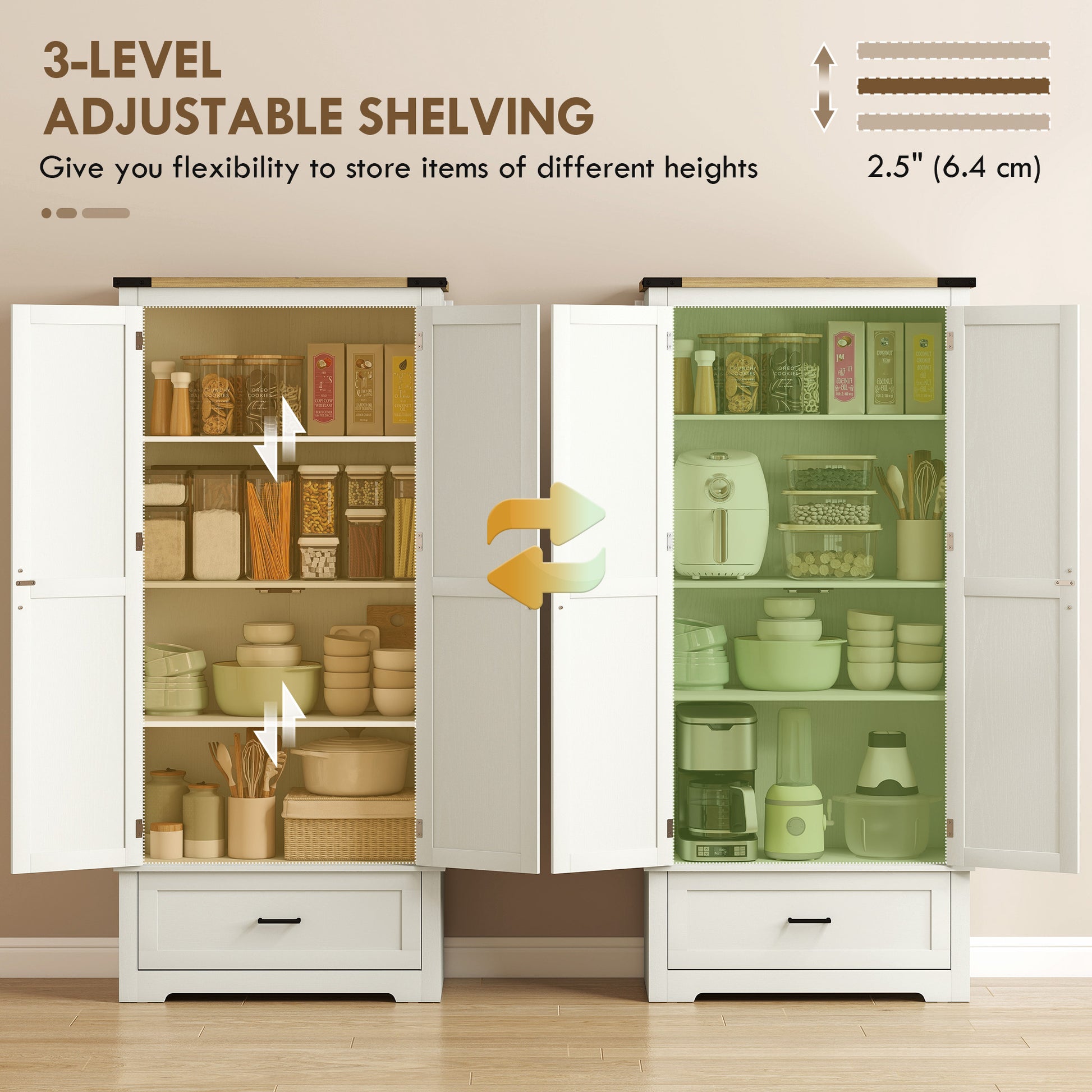 Farmhouse Kitchen Pantry Cabinet 69" Cream White-DECOROLALA