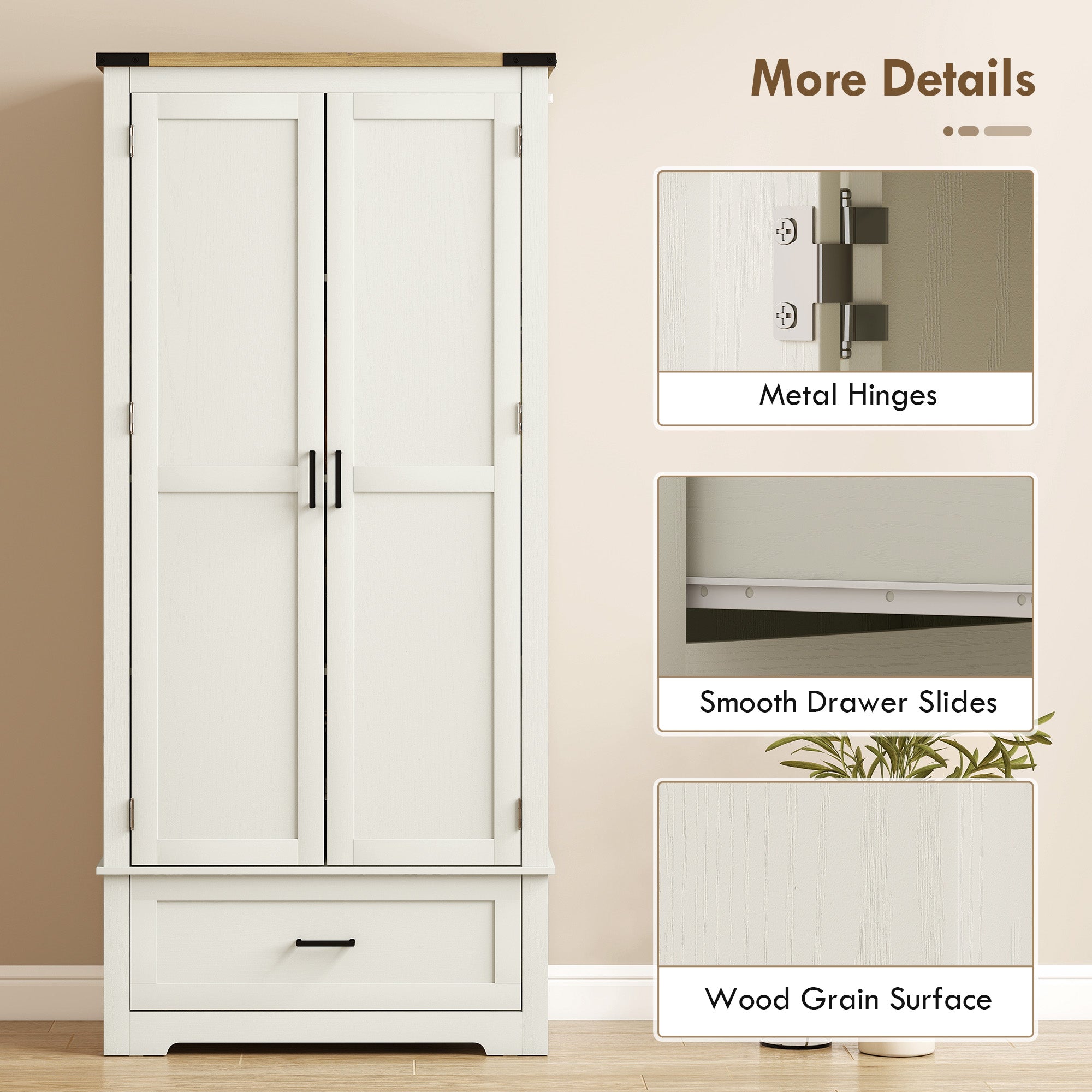 Farmhouse Kitchen Pantry Cabinet 69" Cream White-DECOROLALA