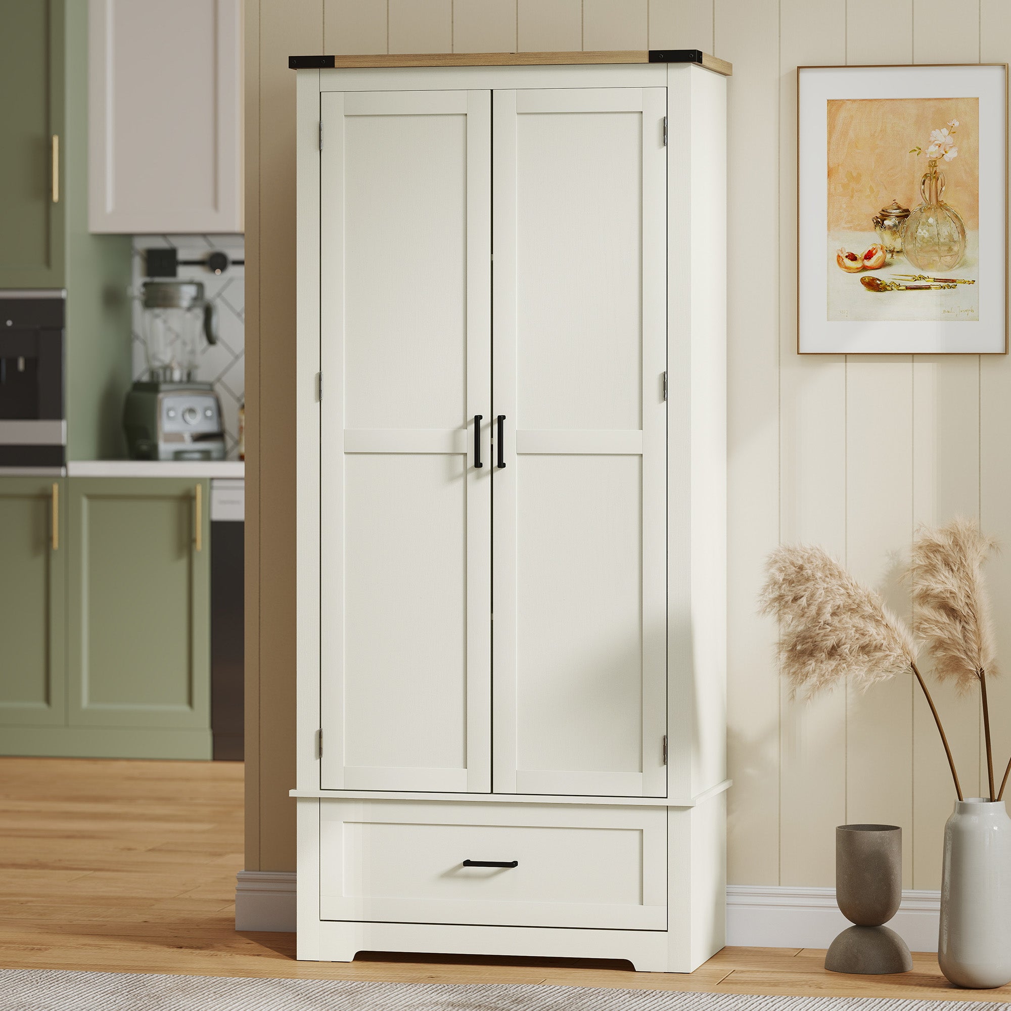 Farmhouse Kitchen Pantry Cabinet 69" Cream White-DECOROLALA