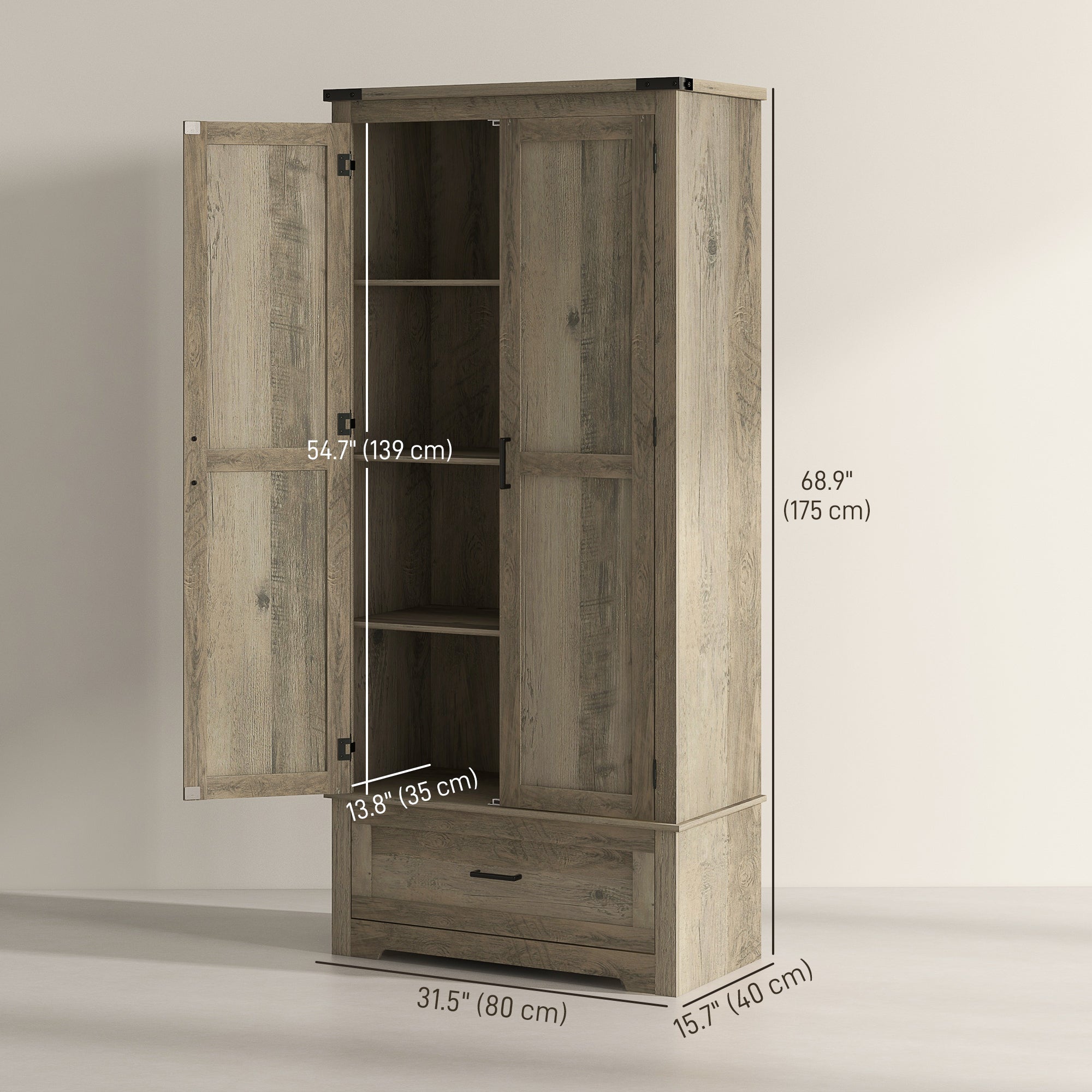 Farmhouse Kitchen Pantry Cabinet, 69" Tall, Grey, 2 Doors, Drawer, Shelves-DECOROLALA