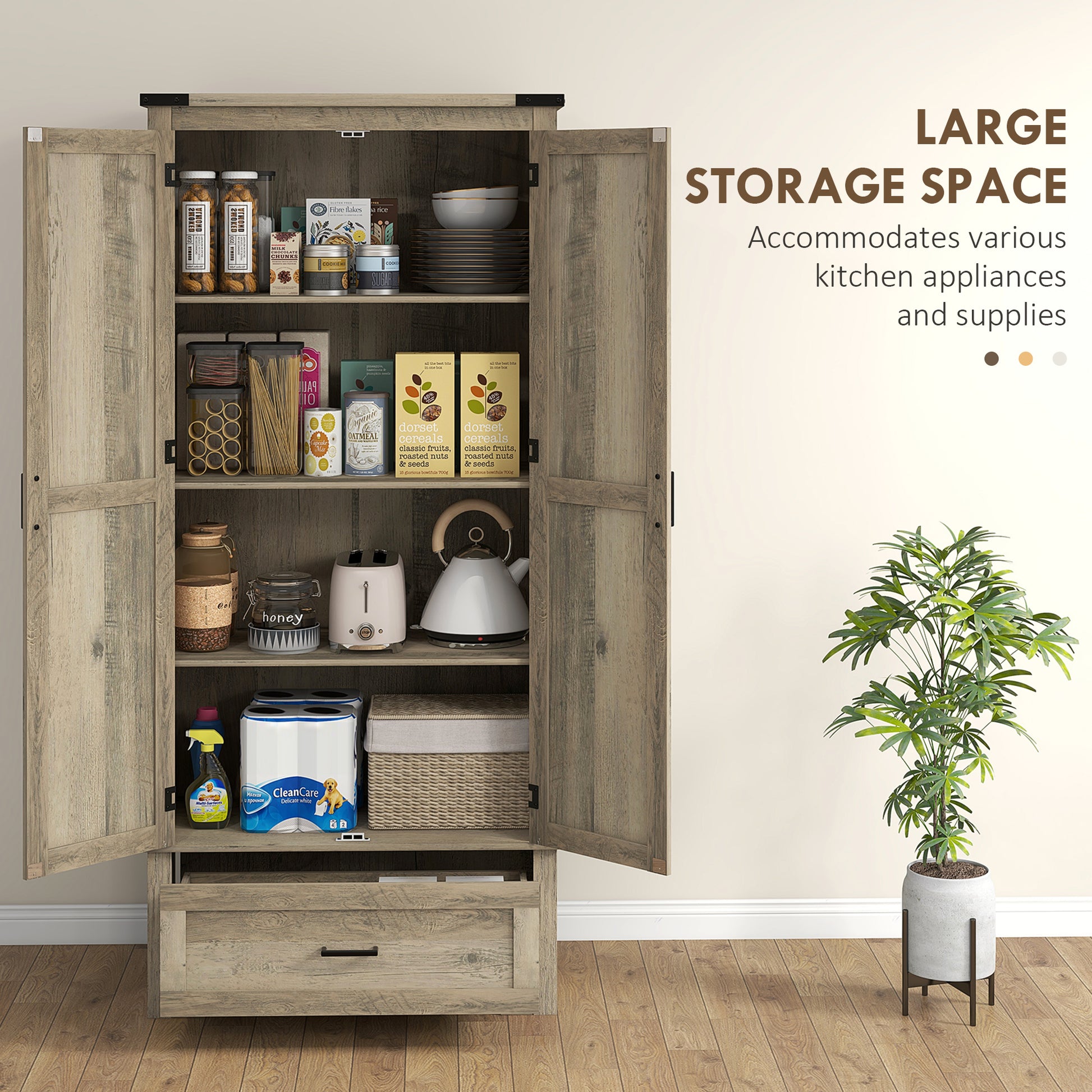 Farmhouse Kitchen Pantry Cabinet, 69" Tall, Grey, 2 Doors, Drawer, Shelves-DECOROLALA