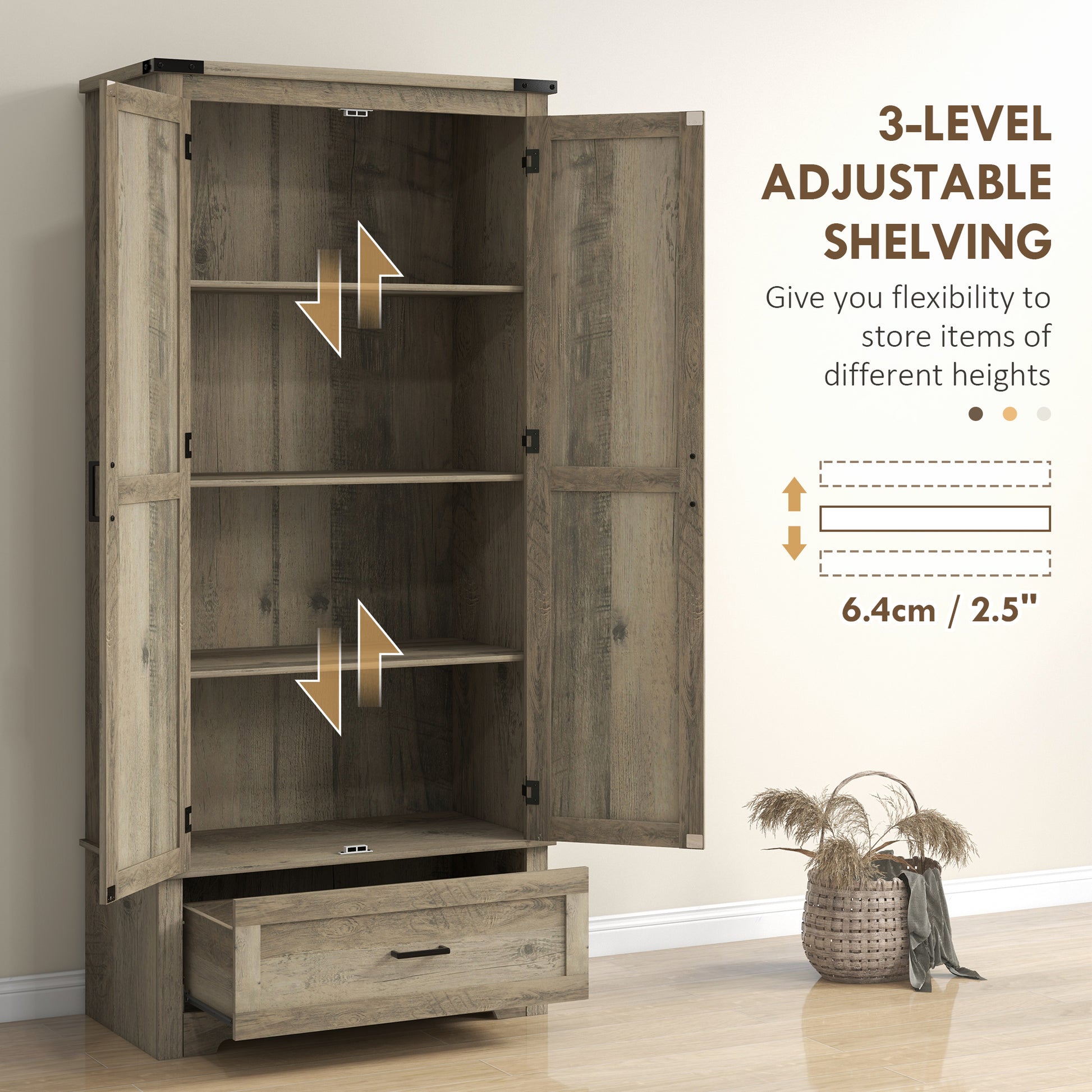Farmhouse Kitchen Pantry Cabinet, 69" Tall, Grey, 2 Doors, Drawer, Shelves-DECOROLALA
