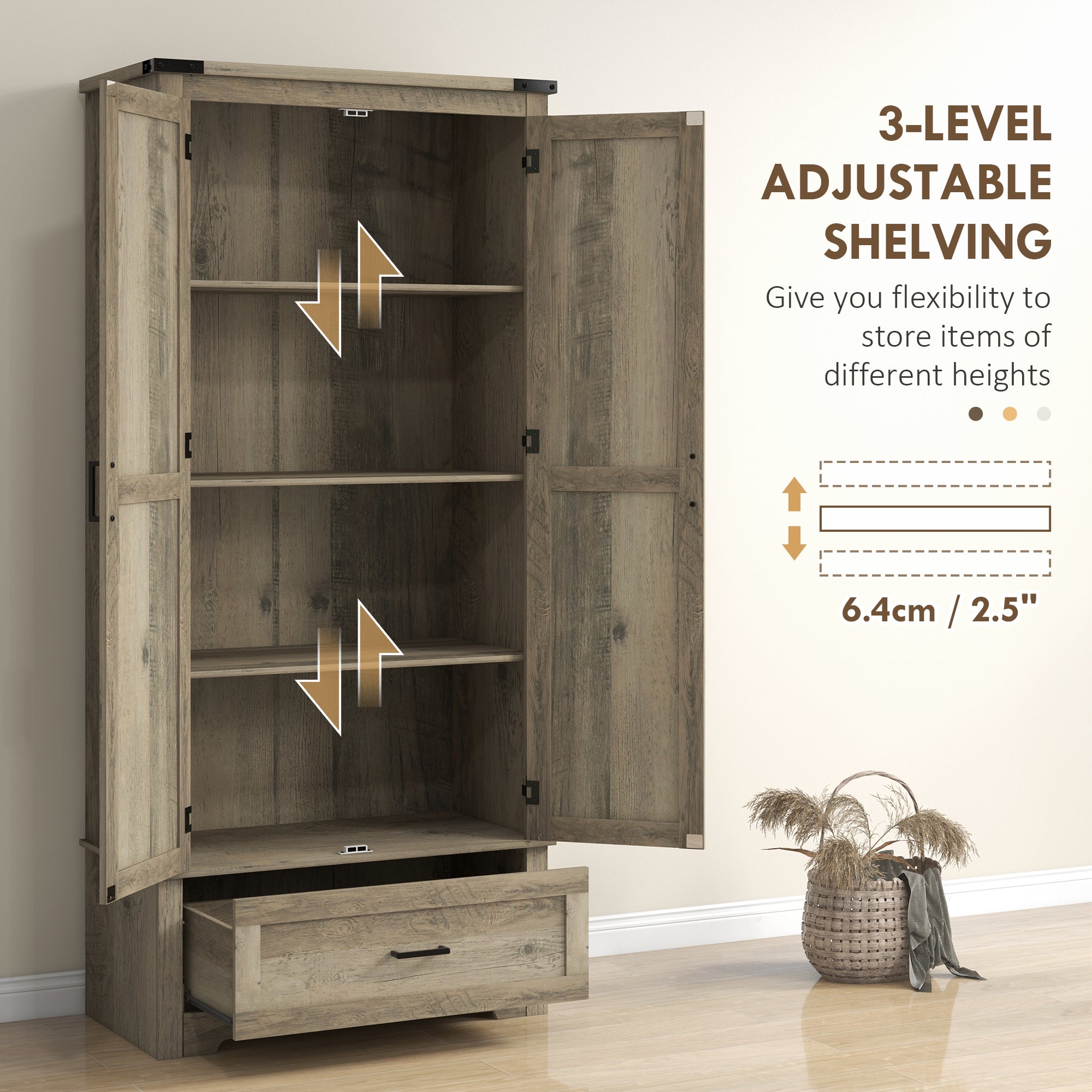 Farmhouse Kitchen Pantry Cabinet, 69" Tall, Grey, 2 Doors, Drawer, Shelves-DECOROLALA