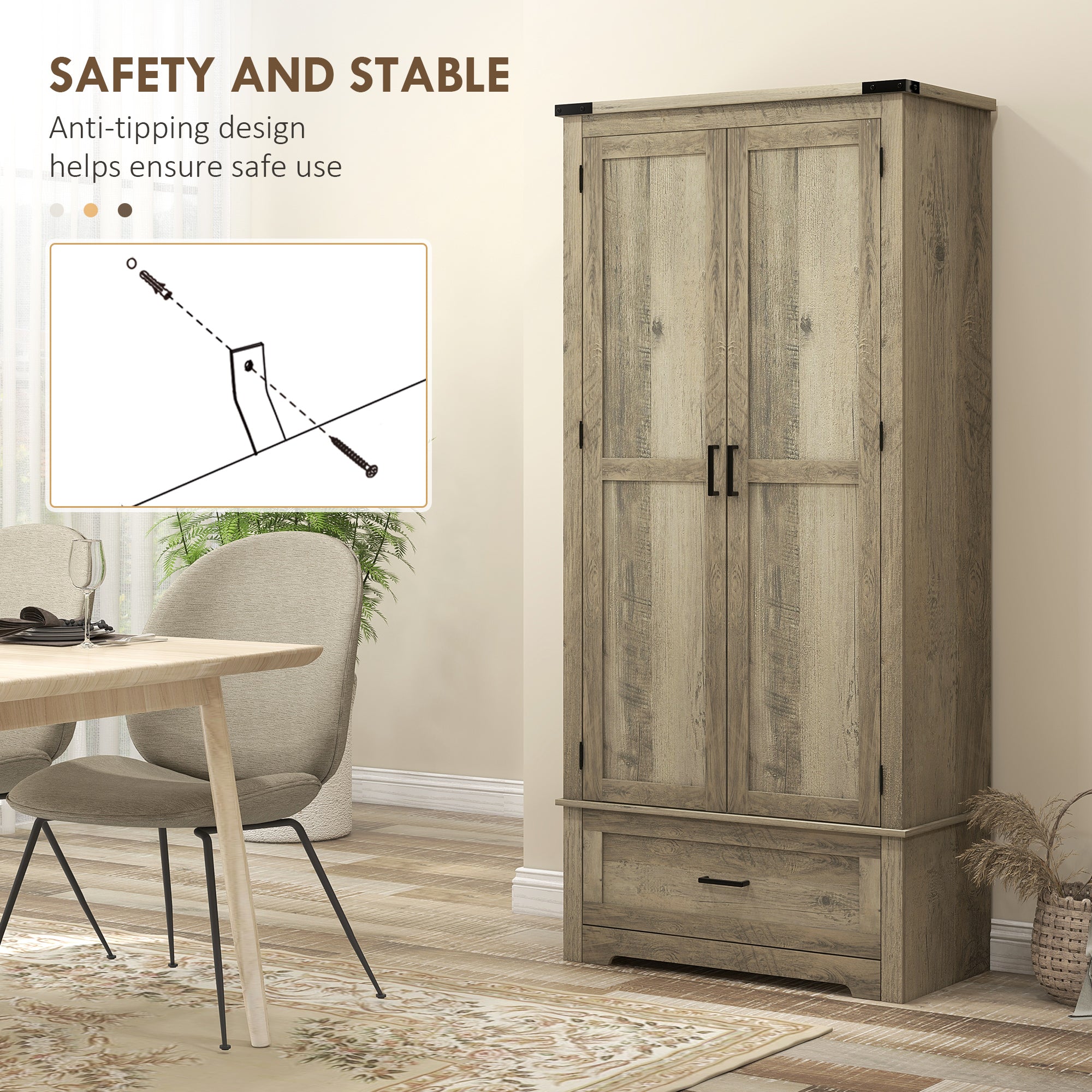 Farmhouse Kitchen Pantry Cabinet, 69" Tall, Grey, 2 Doors, Drawer, Shelves-DECOROLALA