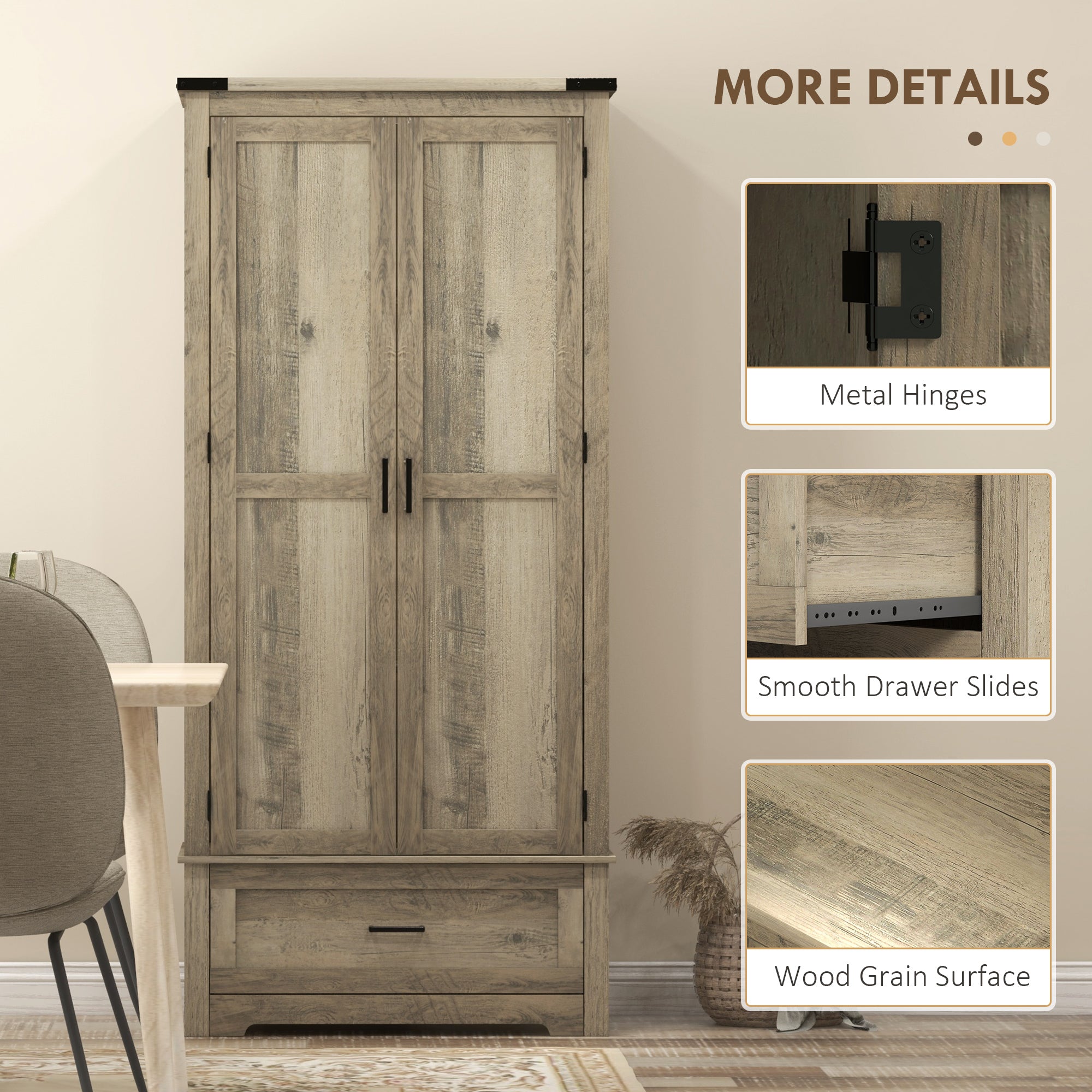 Farmhouse Kitchen Pantry Cabinet, 69" Tall, Grey, 2 Doors, Drawer, Shelves-DECOROLALA