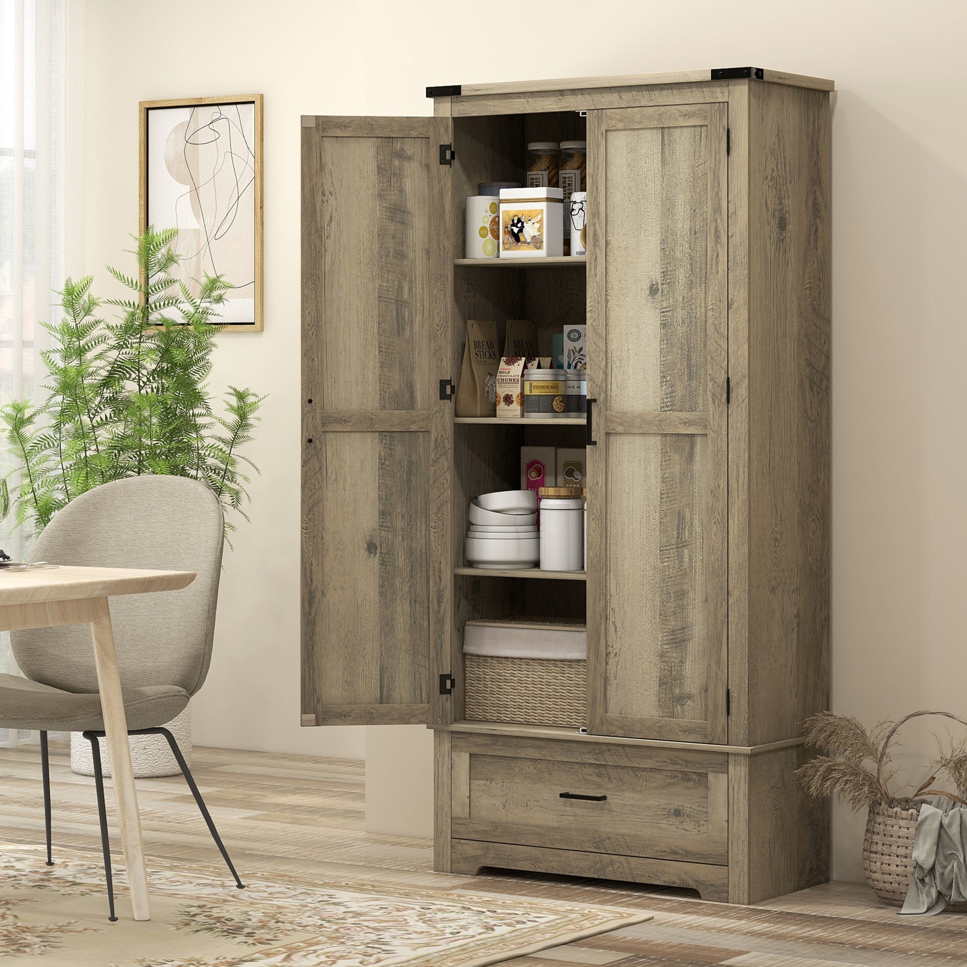 Farmhouse Kitchen Pantry Cabinet, 69" Tall, Grey, 2 Doors, Drawer, Shelves-DECOROLALA