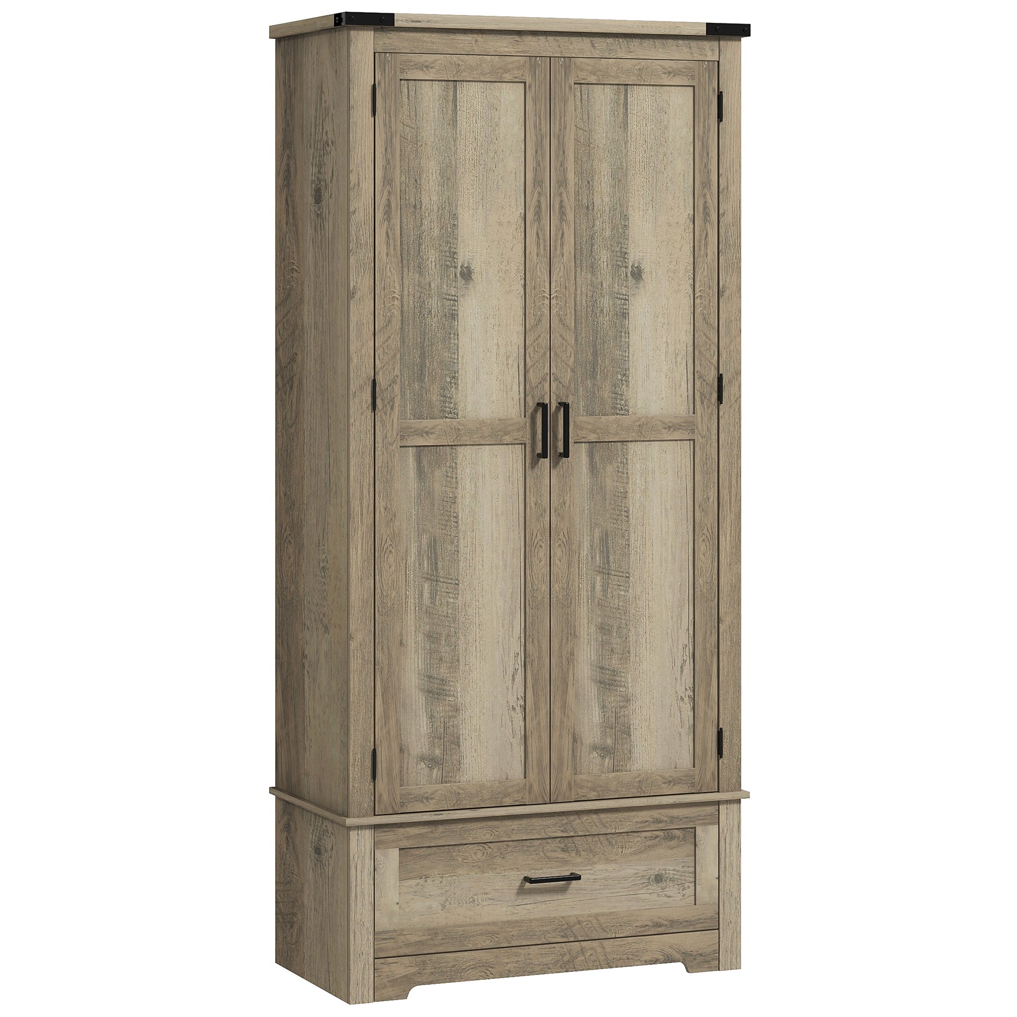 Farmhouse Kitchen Pantry Cabinet, 69" Tall, Grey, 2 Doors, Drawer, Shelves-DECOROLALA
