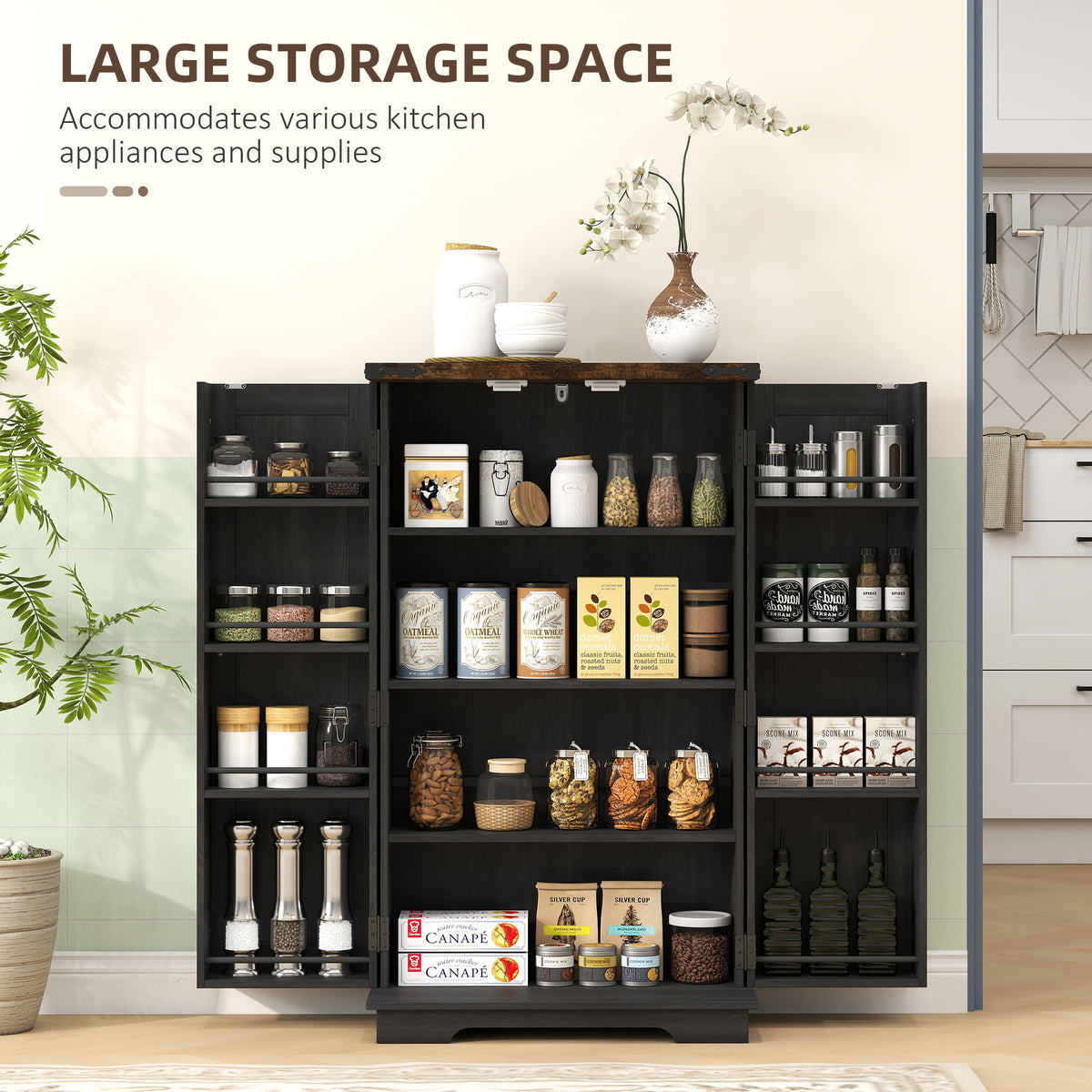 Farmhouse Kitchen Pantry Cabinet - Black Barn Door 41" H-Home Furnishings > Storage & Organization > Kitchen Pantry Cabinets-DECOROLALA