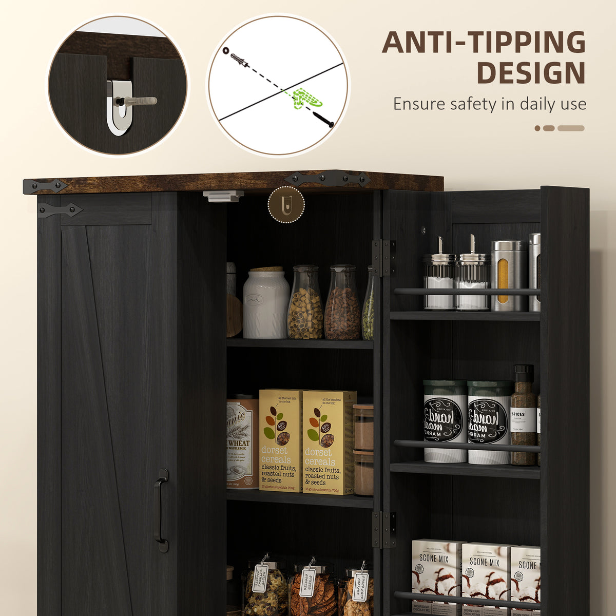 Farmhouse Kitchen Pantry Cabinet - Black Barn Door 41" H-Home Furnishings > Storage & Organization > Kitchen Pantry Cabinets-DECOROLALA