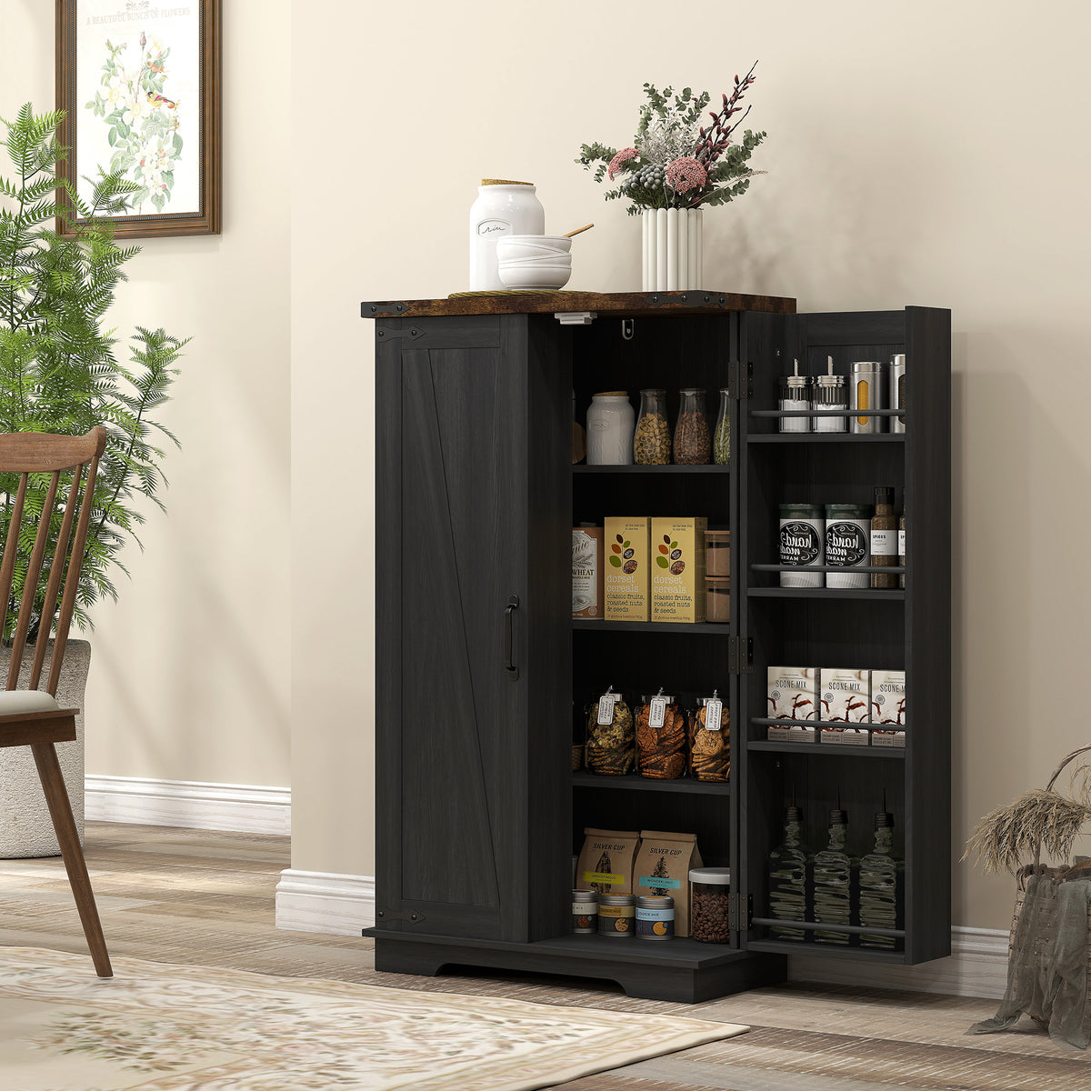 Farmhouse Kitchen Pantry Cabinet - Black Barn Door 41" H-Home Furnishings > Storage & Organization > Kitchen Pantry Cabinets-DECOROLALA