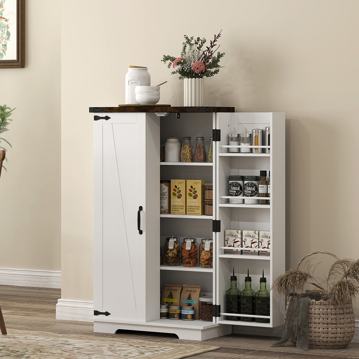 Farmhouse Kitchen Pantry Cabinet - White 41" Barn Door-Home Furnishings > Storage & Organization > Kitchen Pantry Cabinets-DECOROLALA